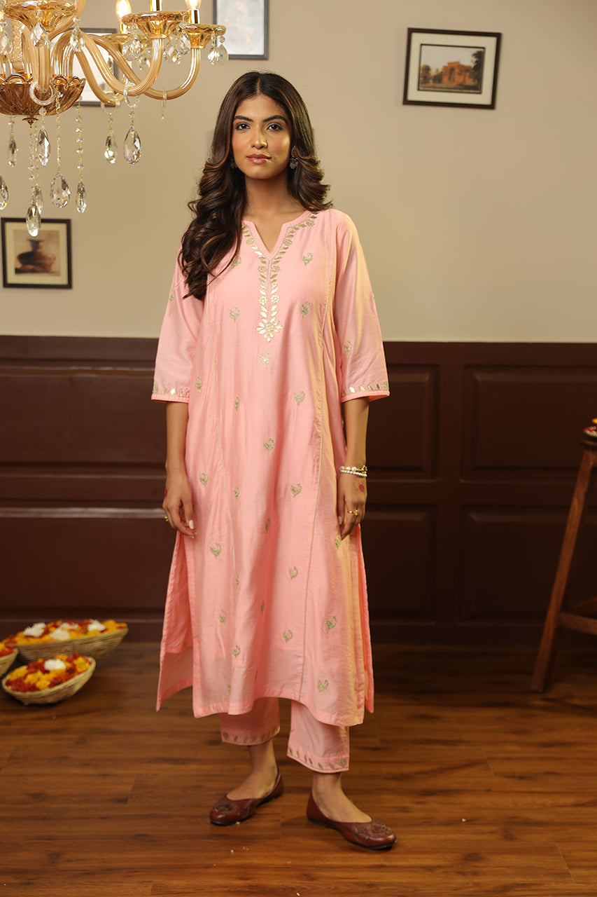 Light Pink Chanderi Mayur Gota Jaal Dupatta Straight Set