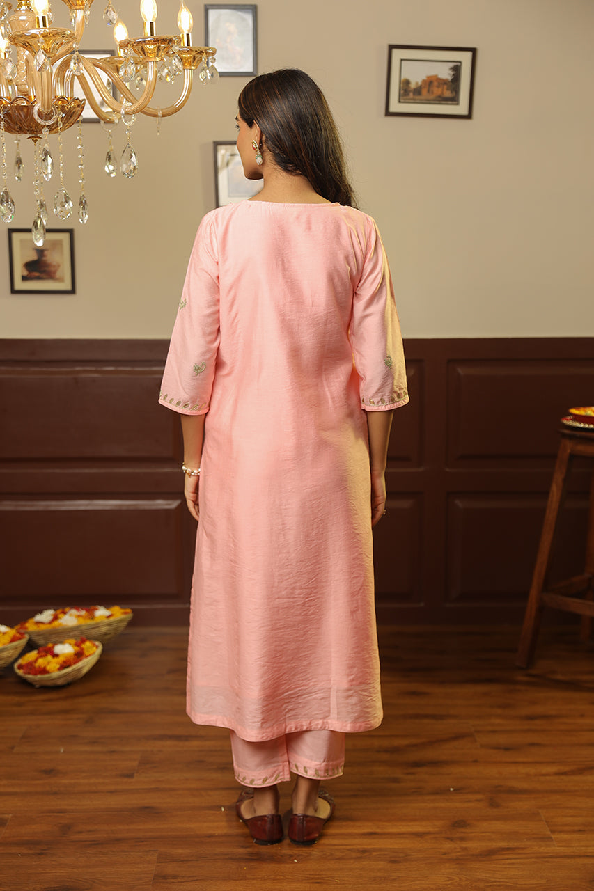 Light Pink Chanderi Mayur Gota Jaal Dupatta Straight Set