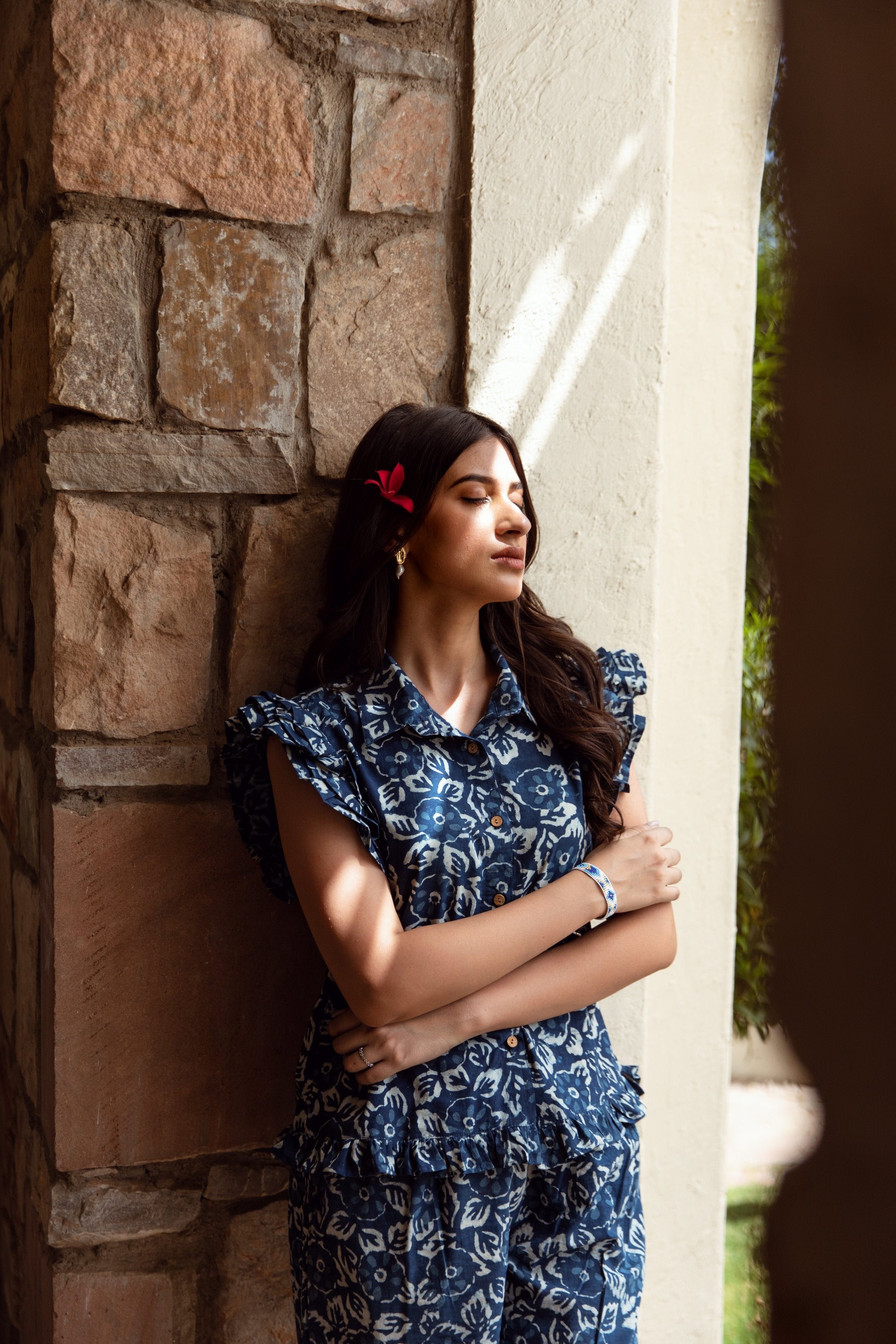 indigo-colored cotton floral print coord set Asrumo