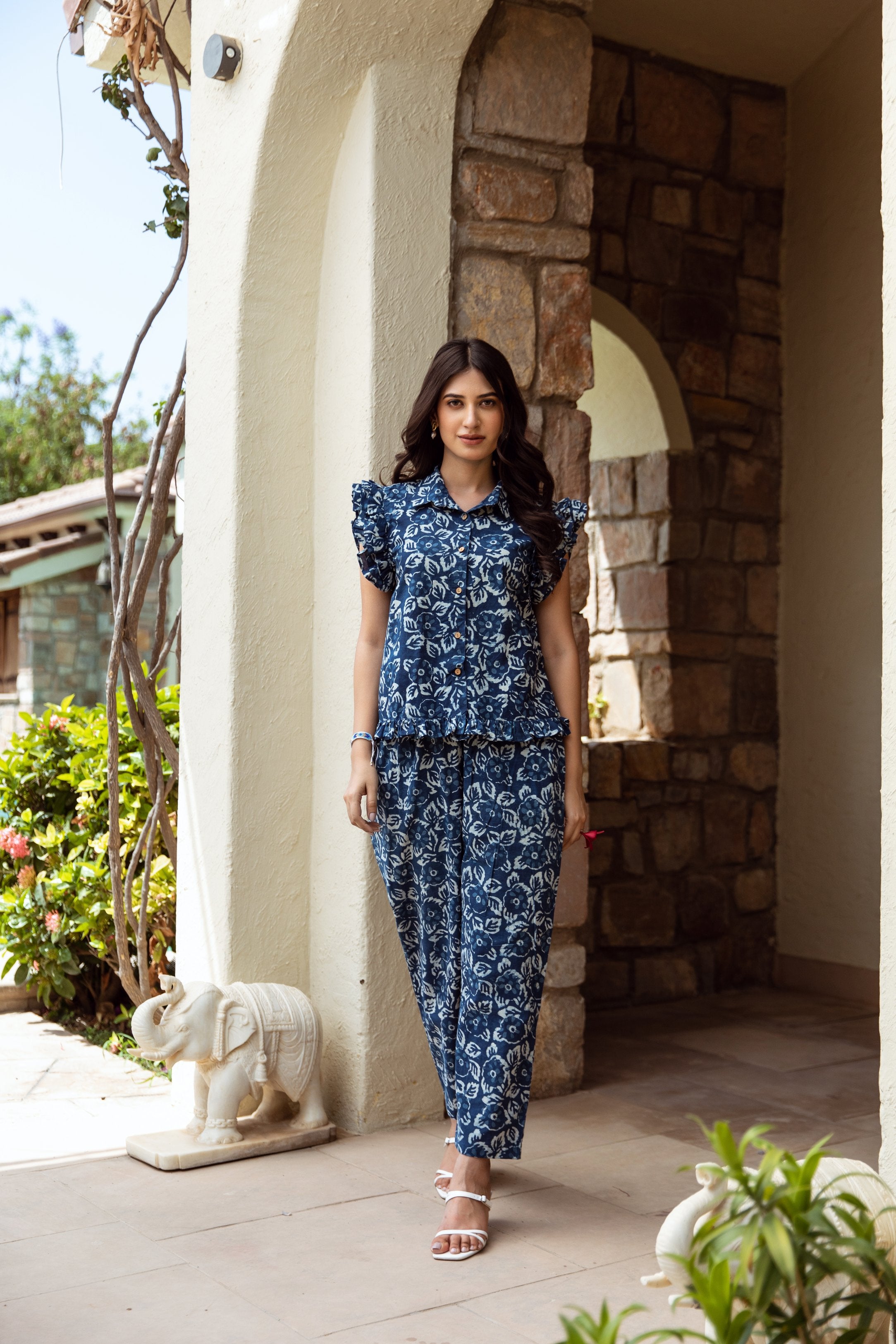 indigo-colored cotton floral print coord set Asrumo