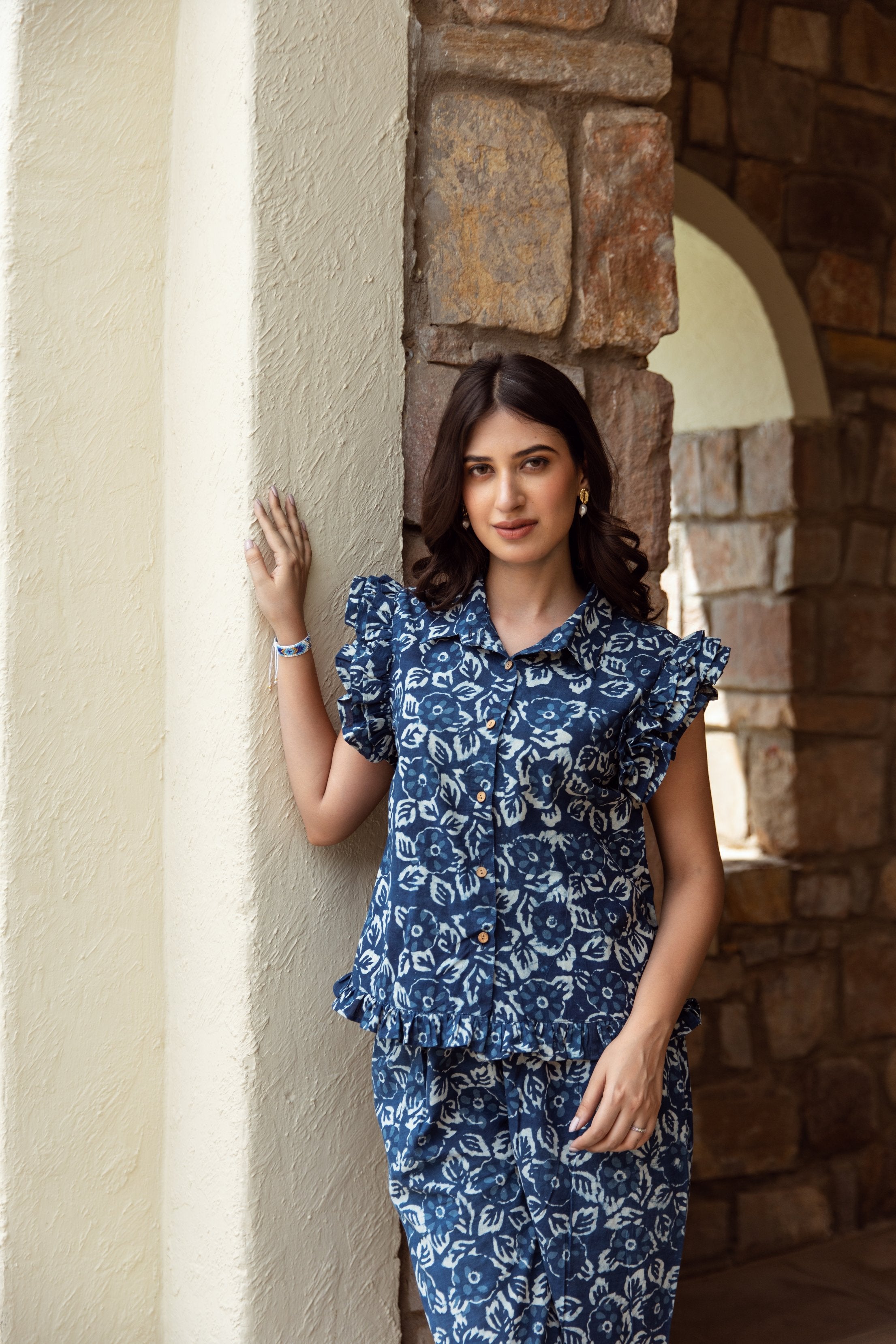 indigo-colored cotton floral print coord set Asrumo