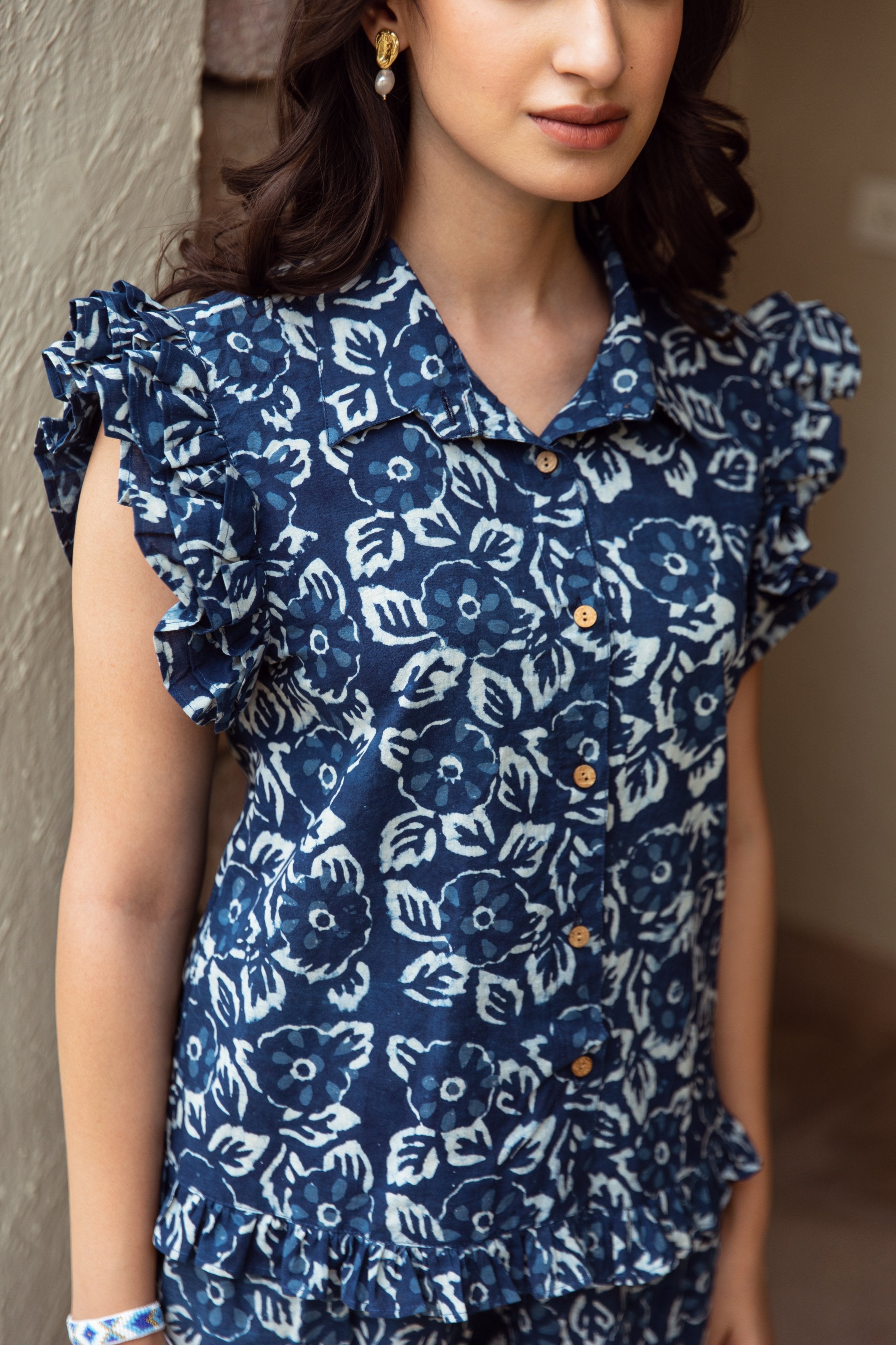 indigo-colored cotton floral print coord set Asrumo