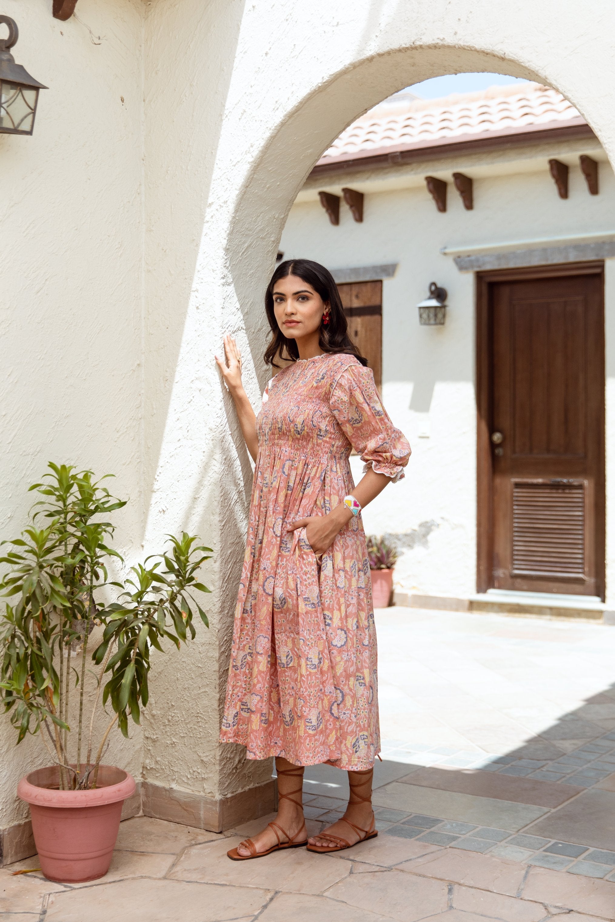 Peach floral handblock dress Asrumo