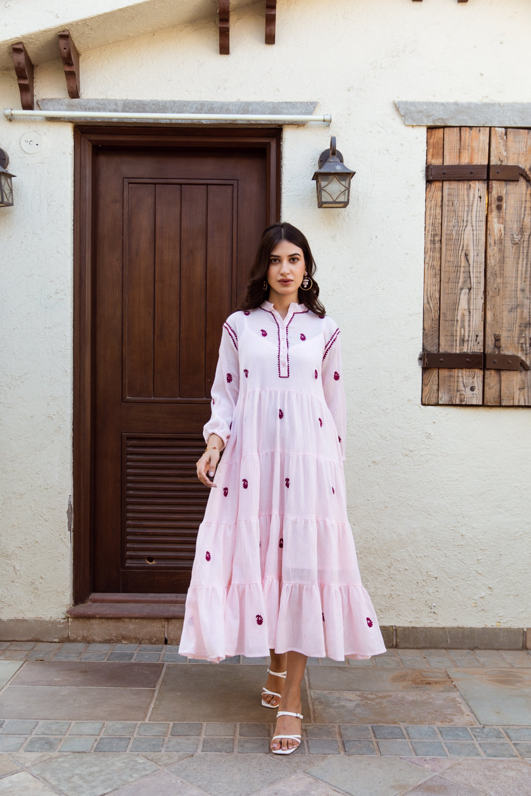 Pink cotton gauze embroidered dress Asrumo