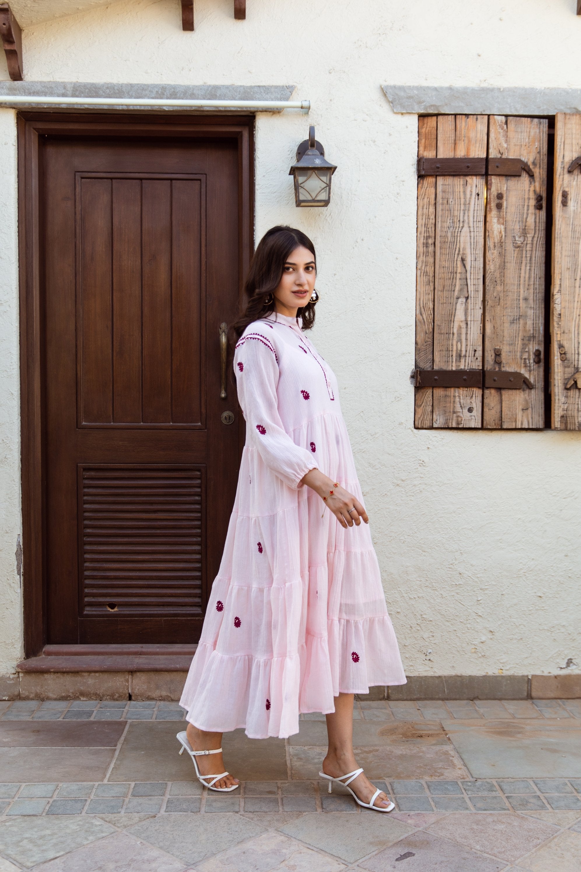 Pink cotton gauze embroidered dress Asrumo