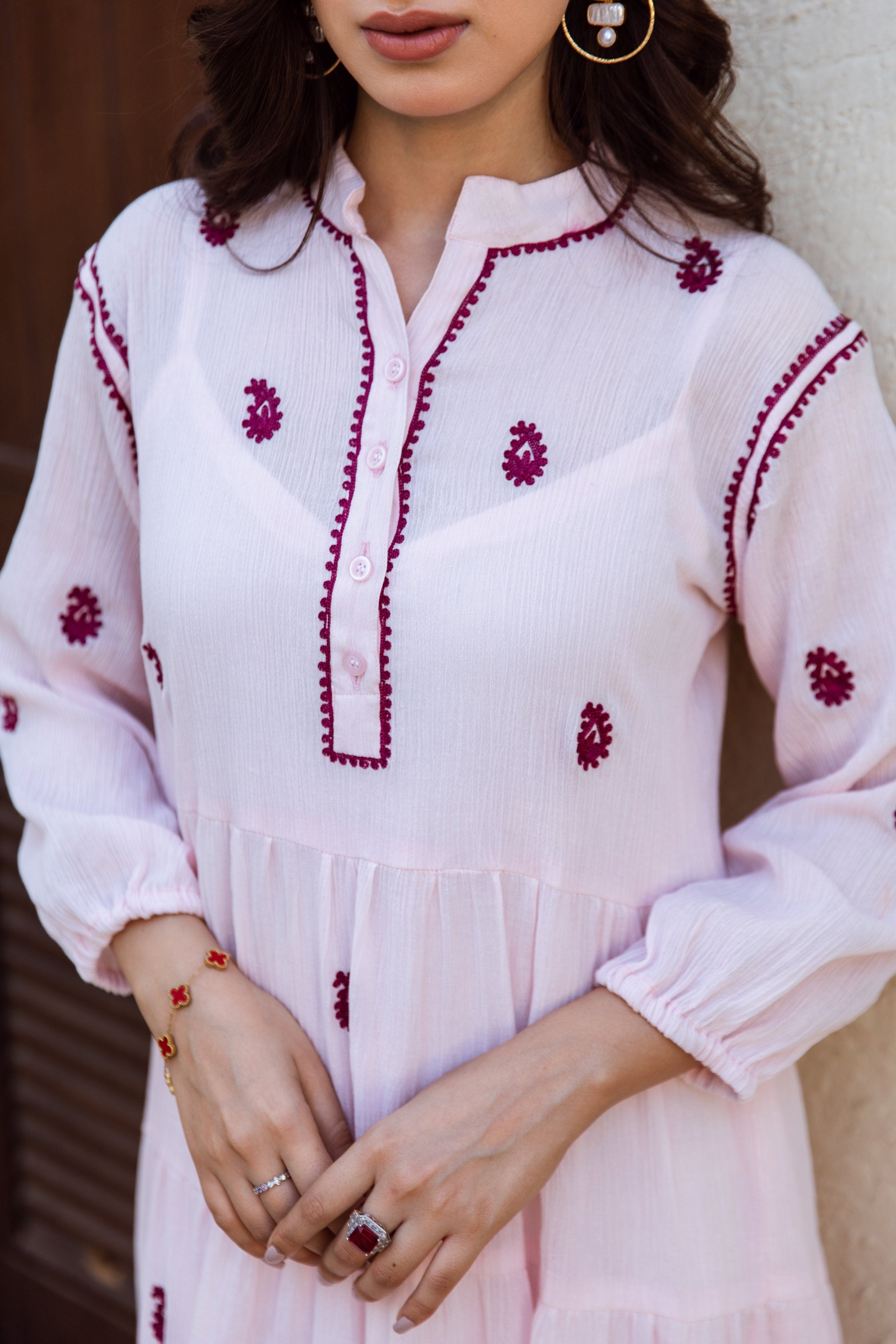 Pink cotton gauze embroidered dress Asrumo