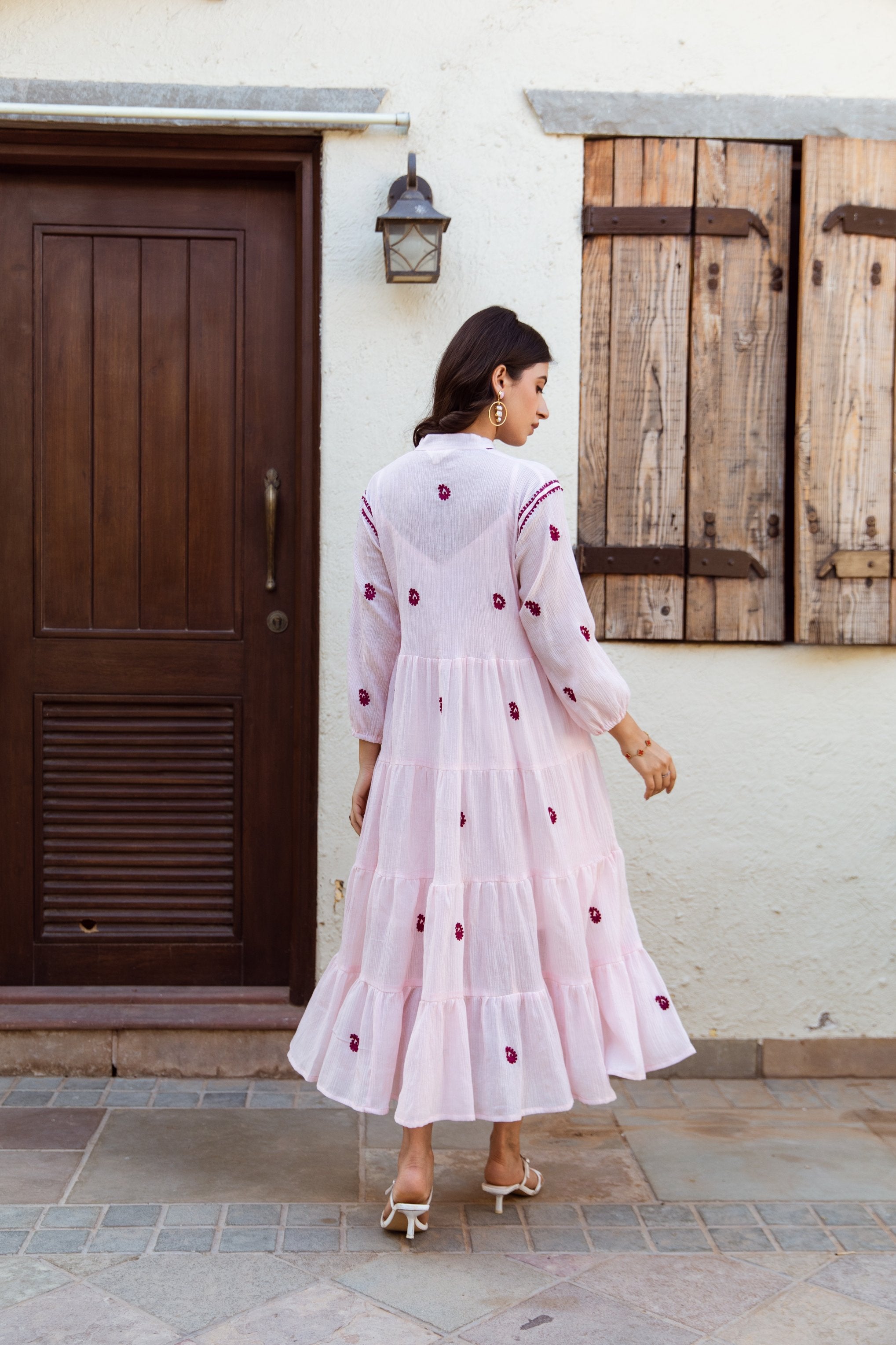 Pink cotton gauze embroidered dress Asrumo