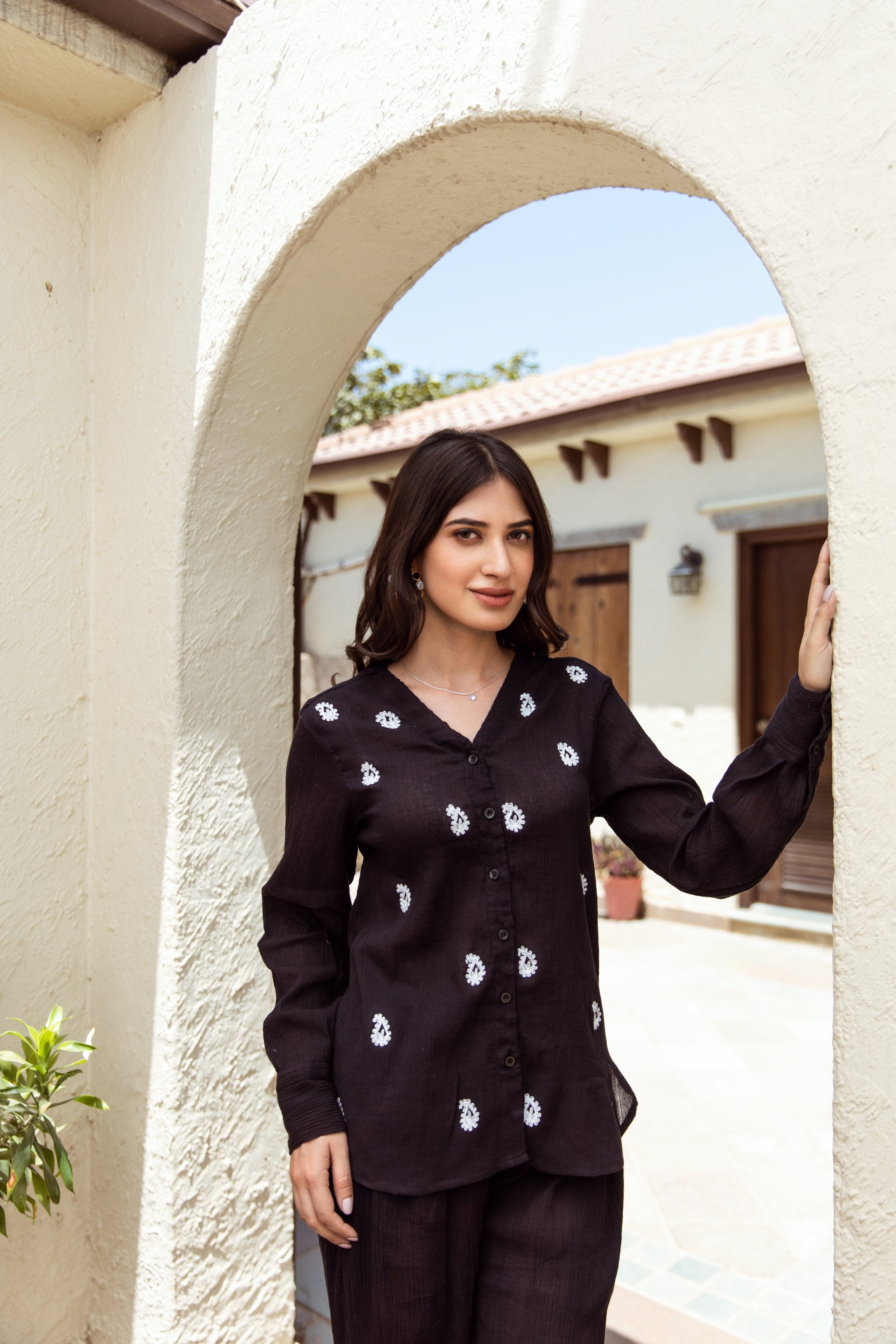 black cotton gauze embroidered coord set Asrumo