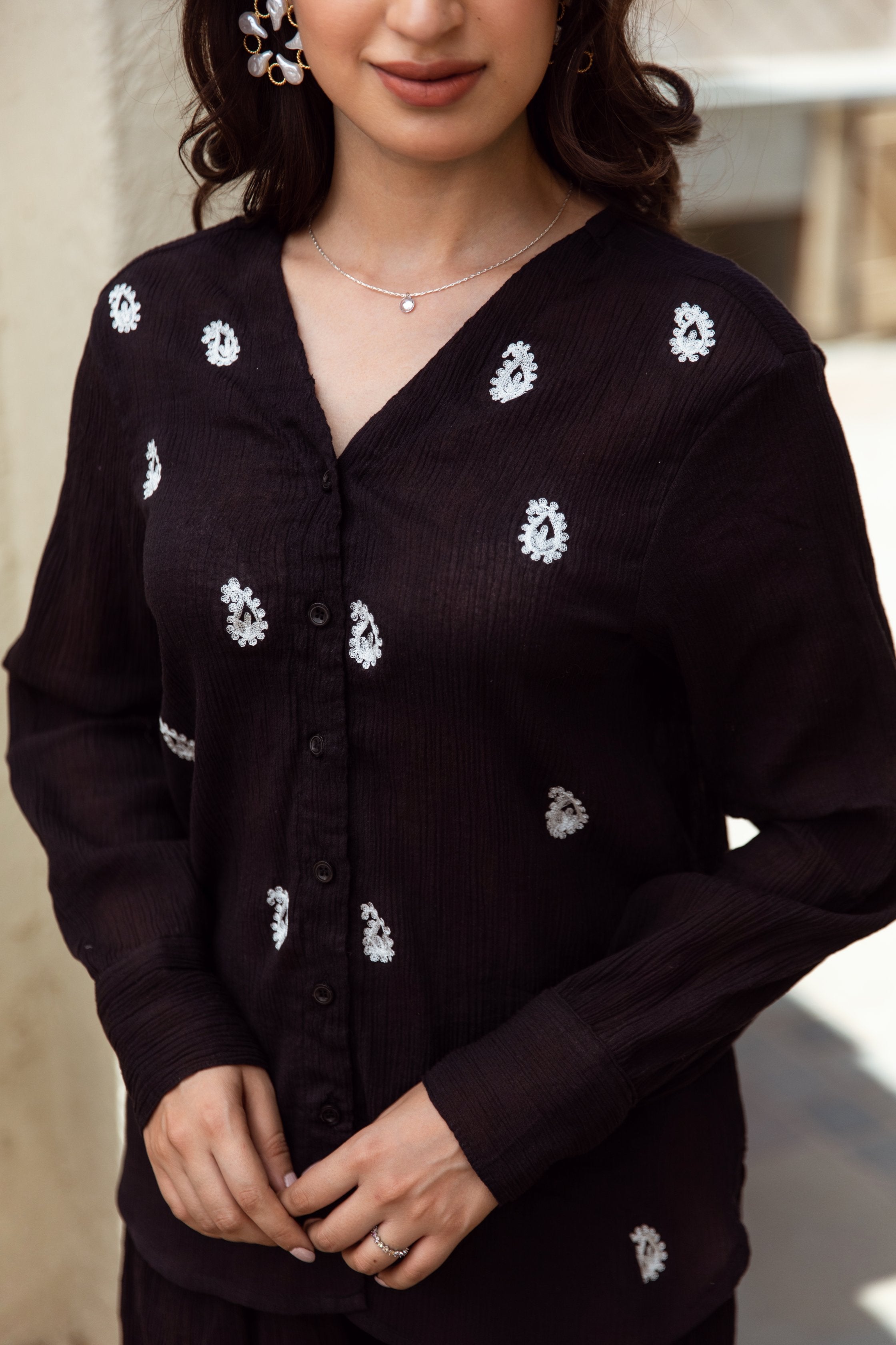 black cotton gauze embroidered coord set Asrumo