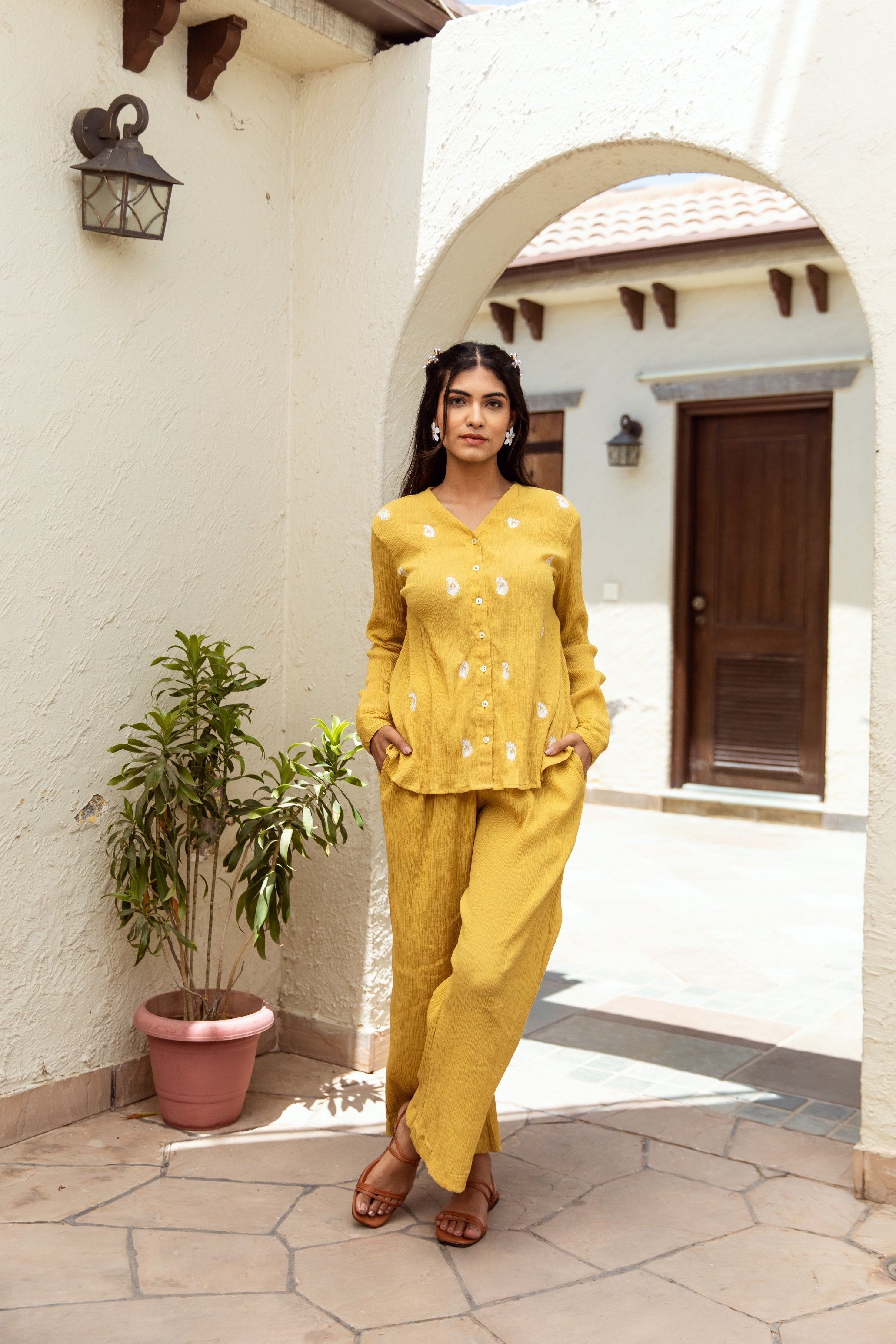 Yellow cotton gauze embroidered coord set Asrumo