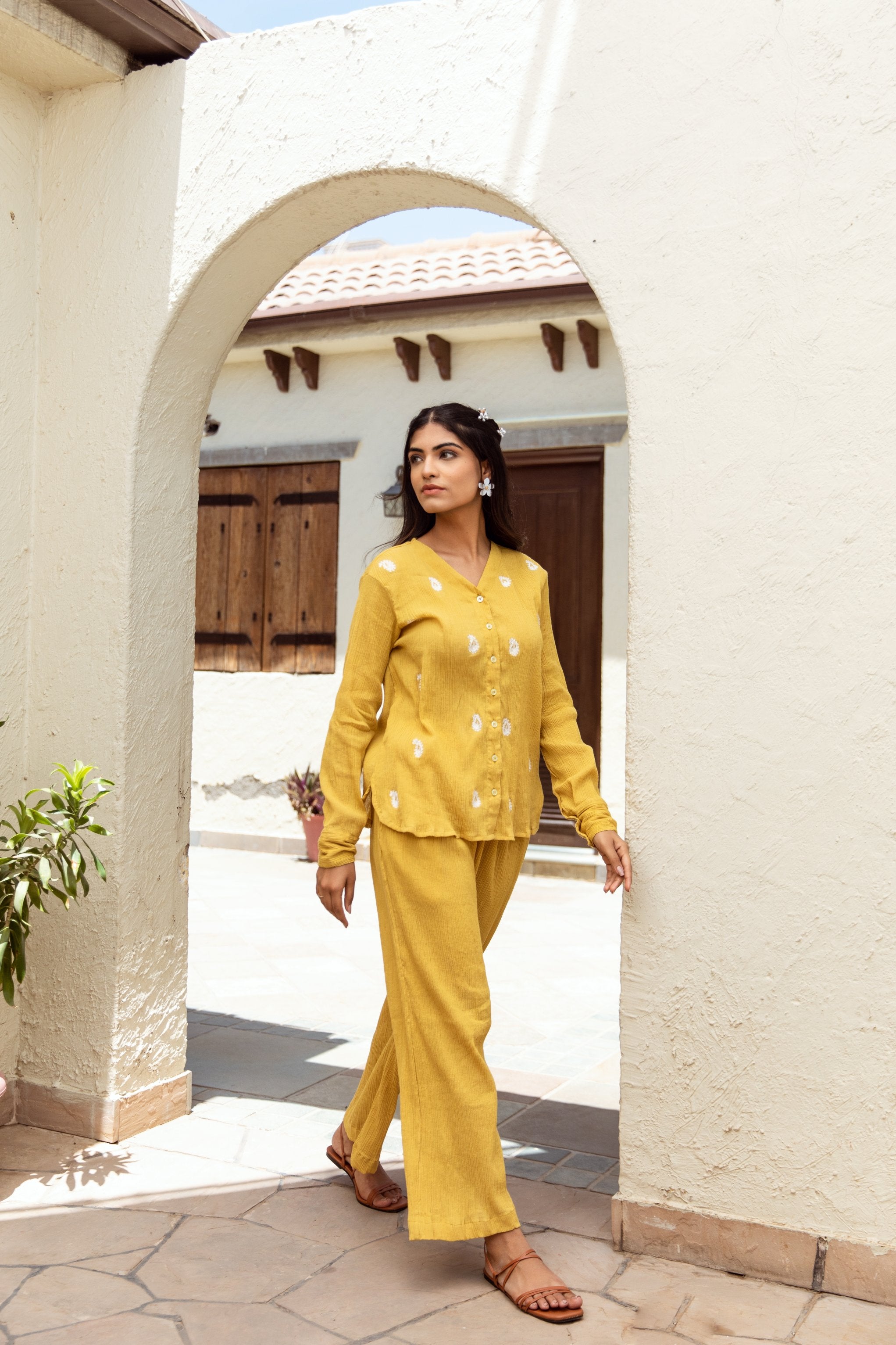 Yellow cotton gauze embroidered coord set Asrumo