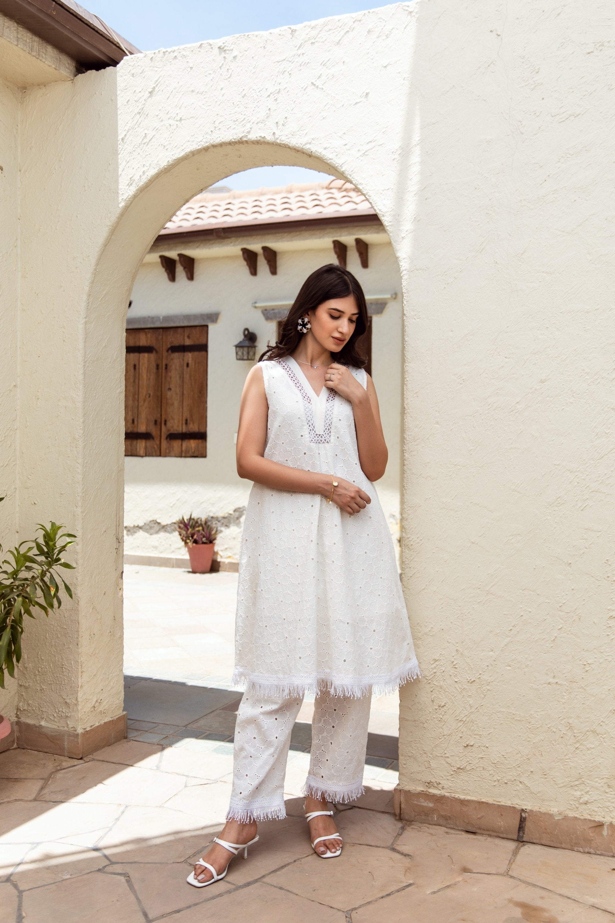 White flower Schiffly cotton coord set Asrumo