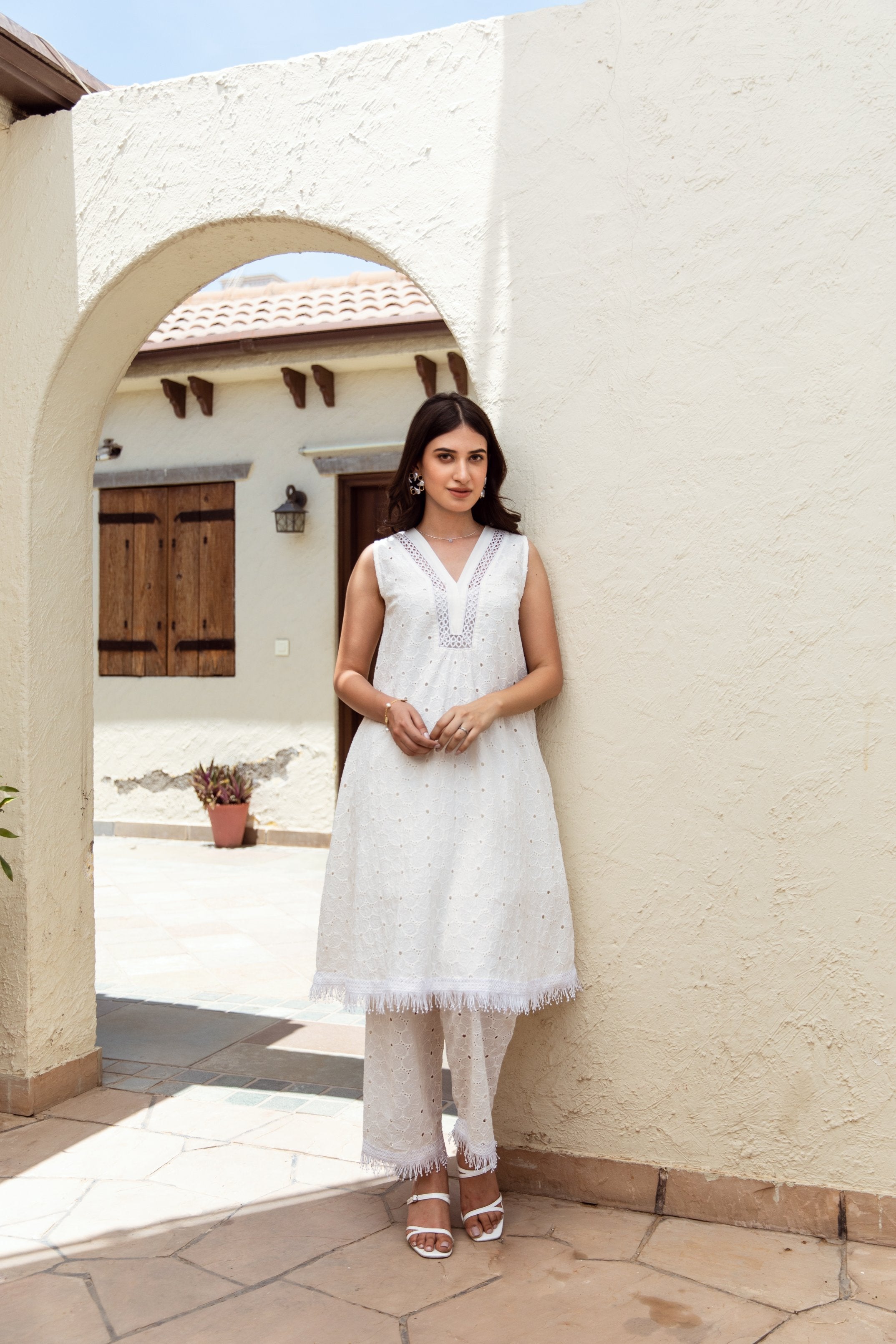 White flower Schiffly cotton coord set Asrumo