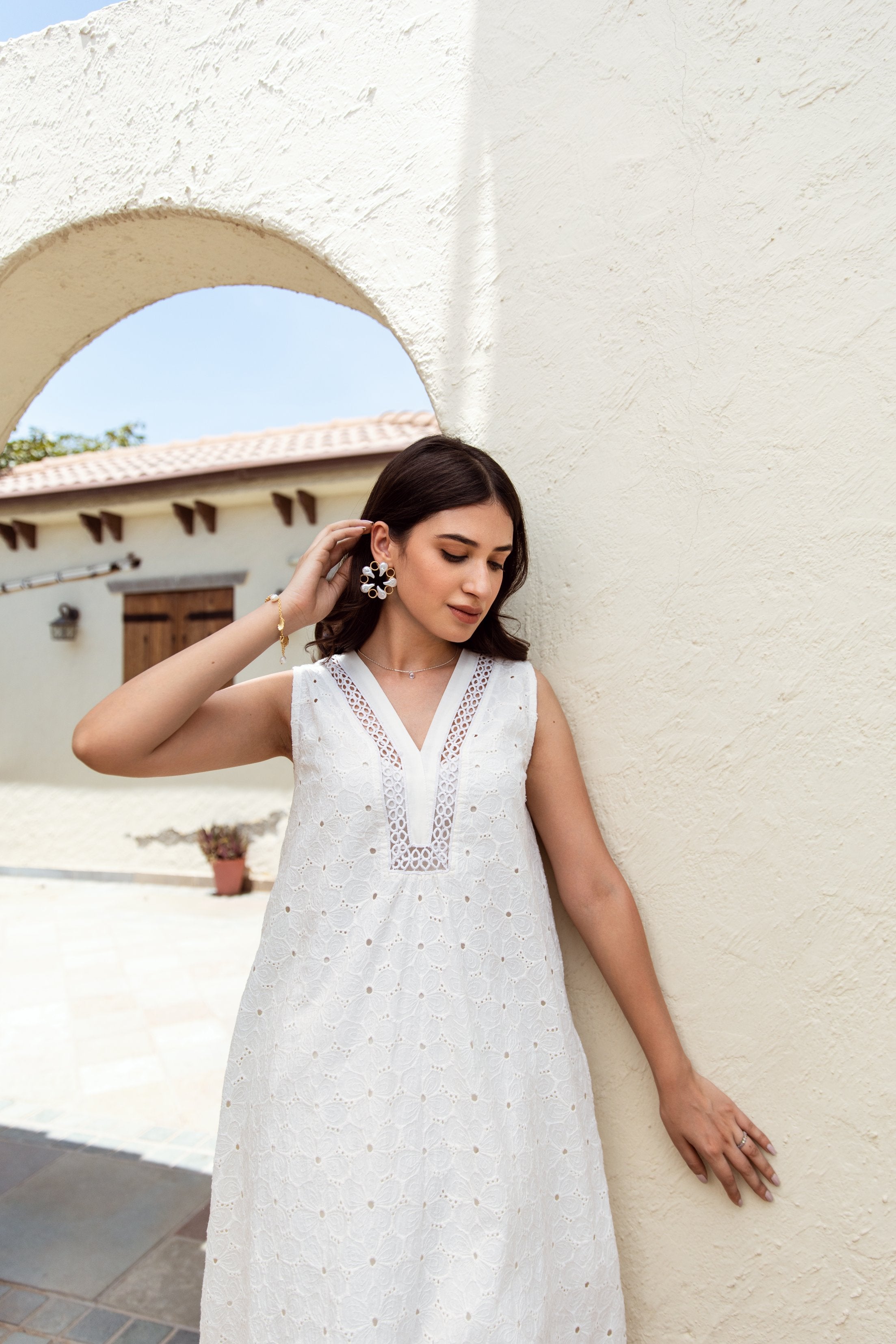 White flower Schiffly cotton coord set Asrumo