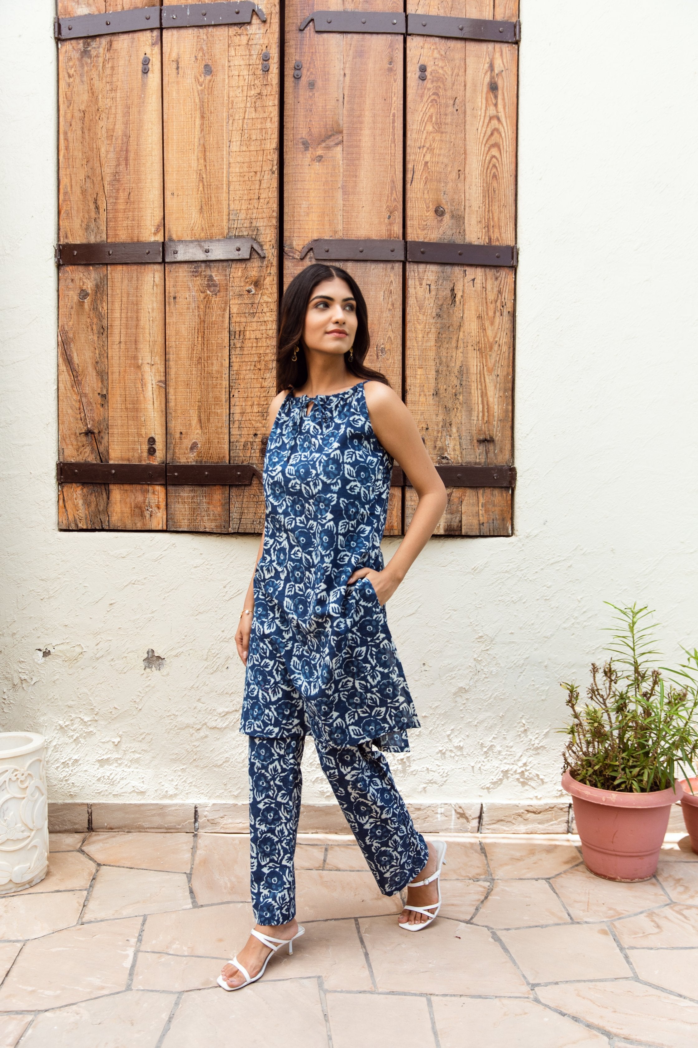 Indigo floral jaal print handblock cotton co-ord set Asrumo