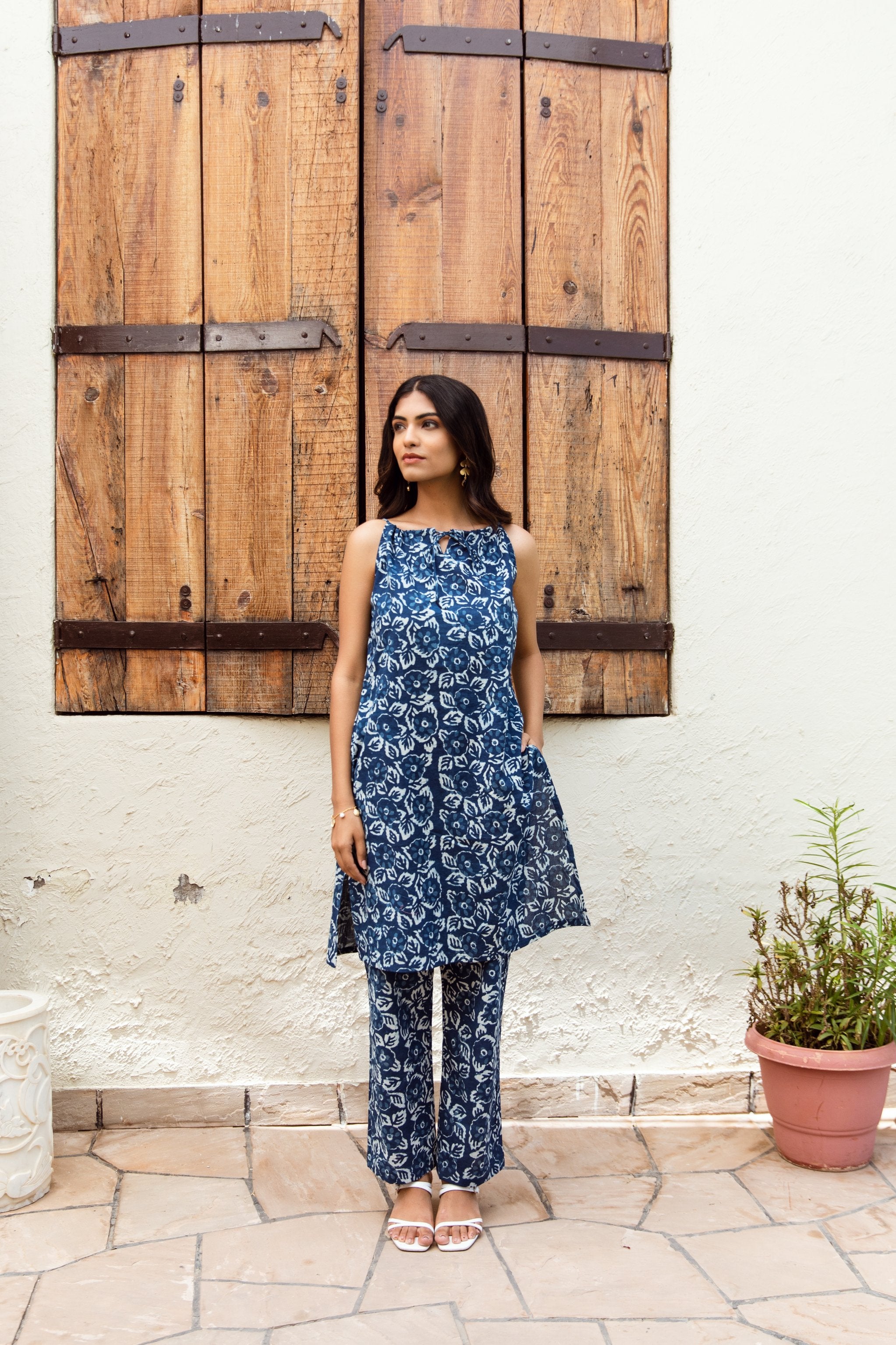 Indigo floral jaal print handblock cotton co-ord set Asrumo