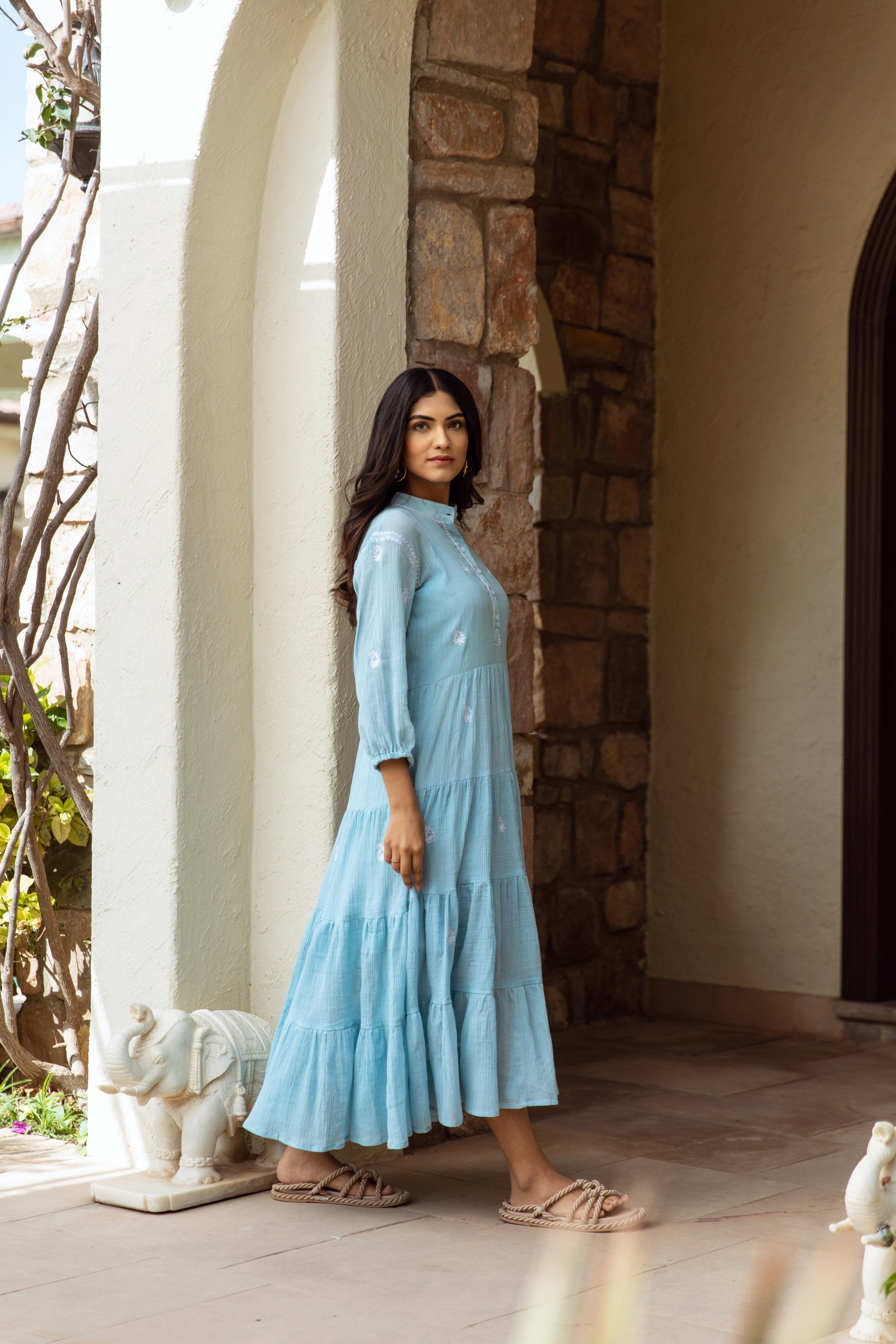 Blue cotton gauze embroidered dress Asrumo