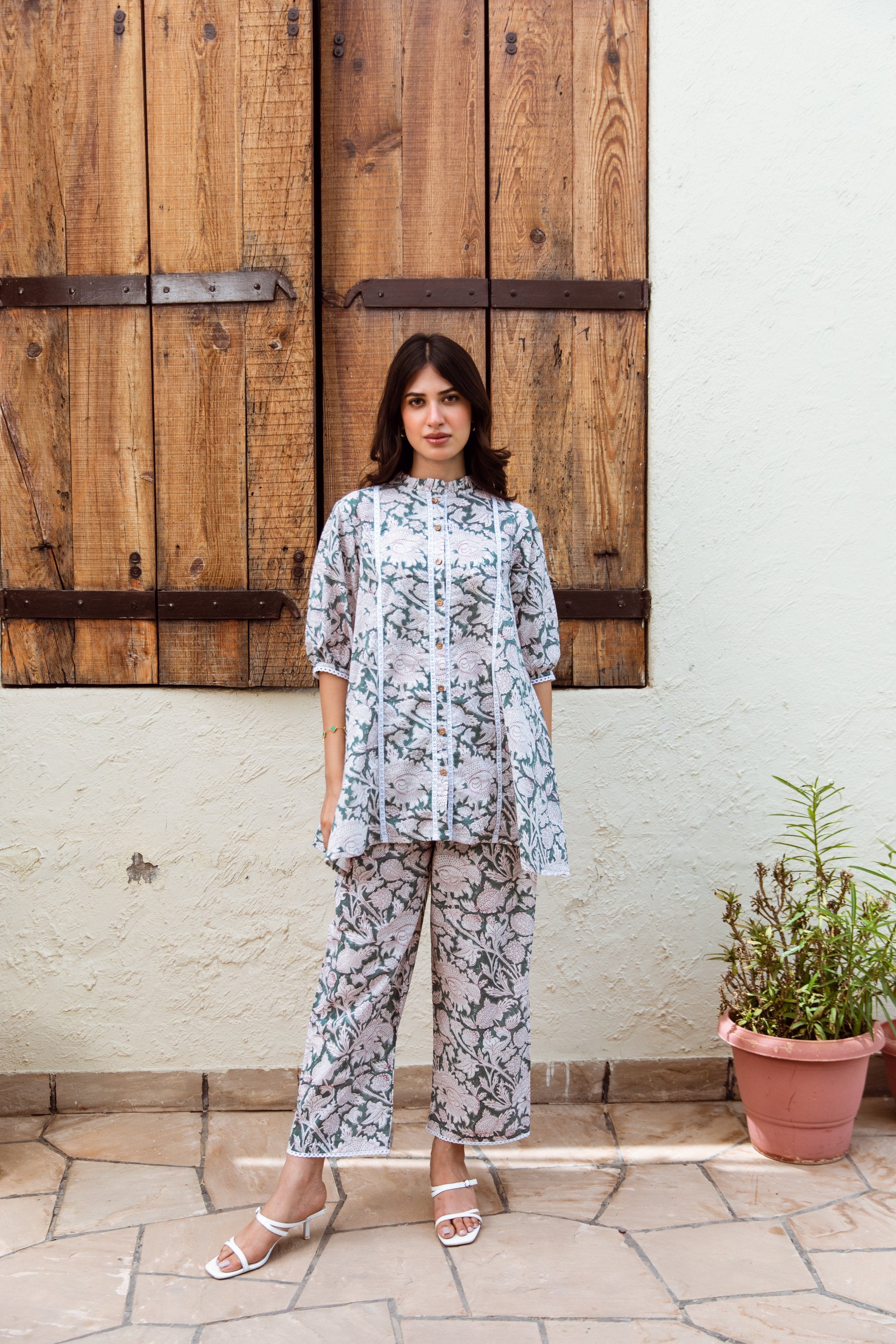 rama green Color Handblock Jaal Coord Set Asrumo