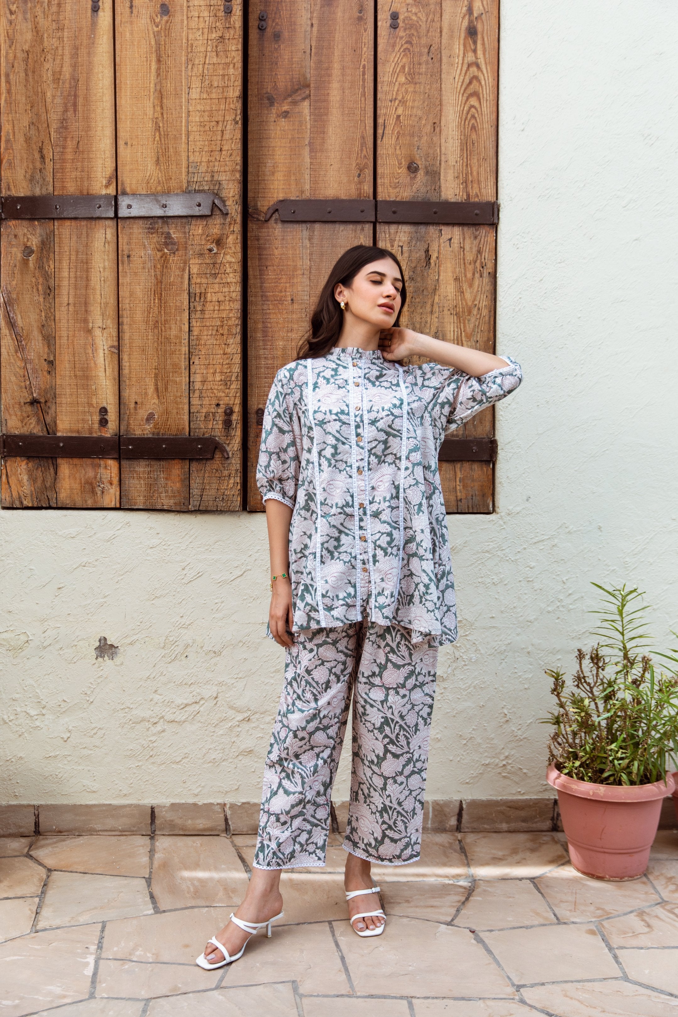 rama green Color Handblock Jaal Coord Set Asrumo