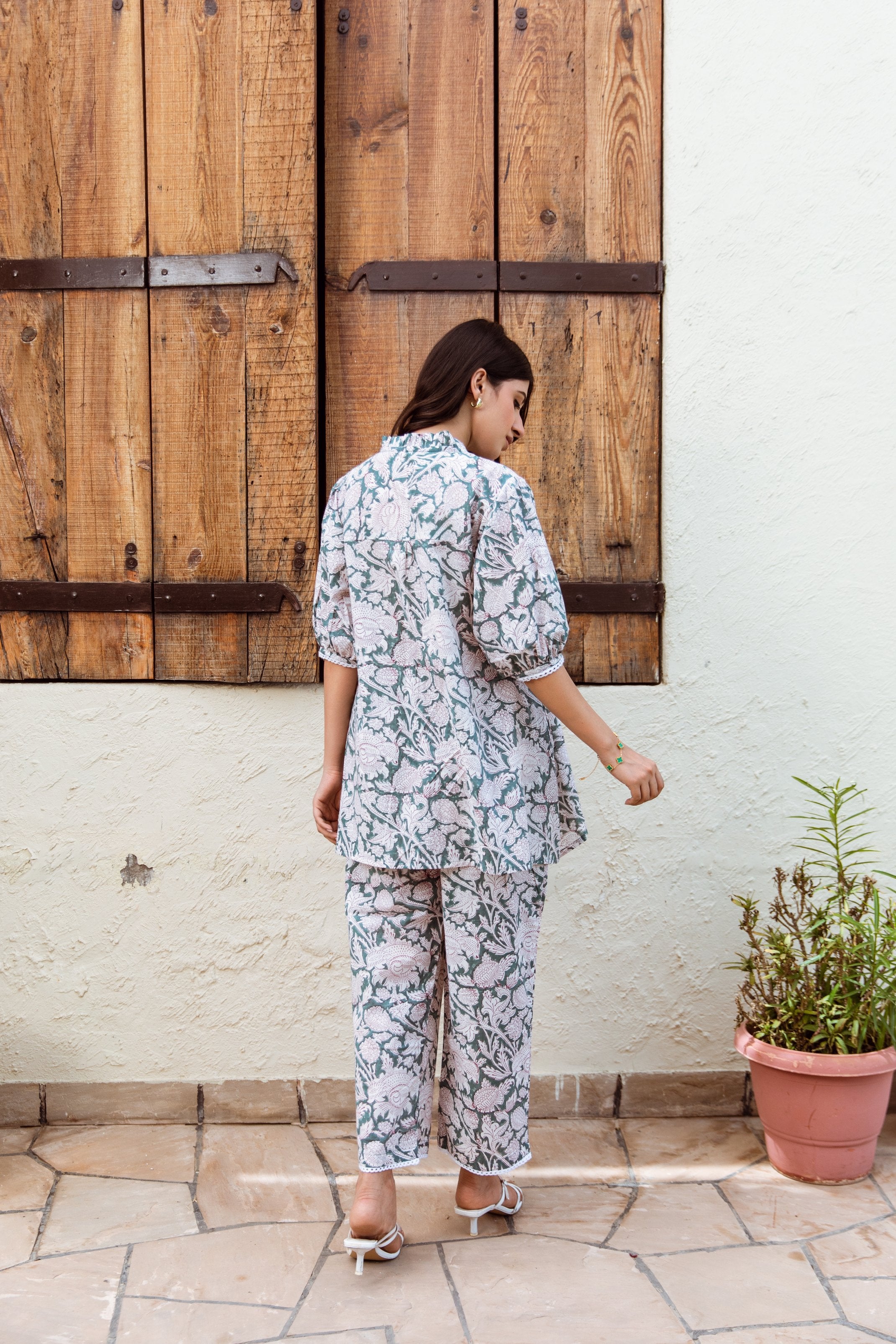 rama green Color Handblock Jaal Coord Set Asrumo