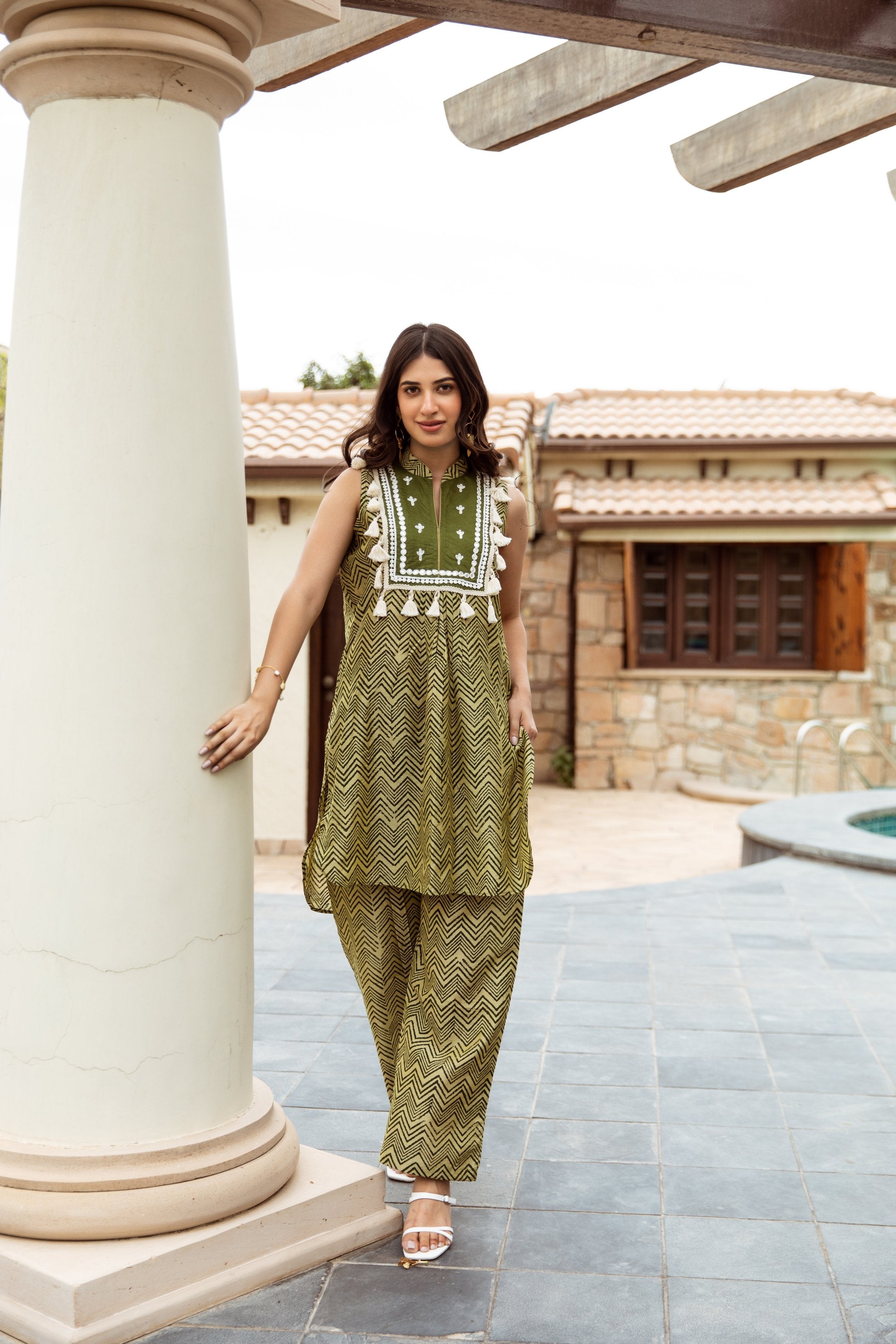 Green Zigzag Handblock Print Chanderi Coord Set Asrumo