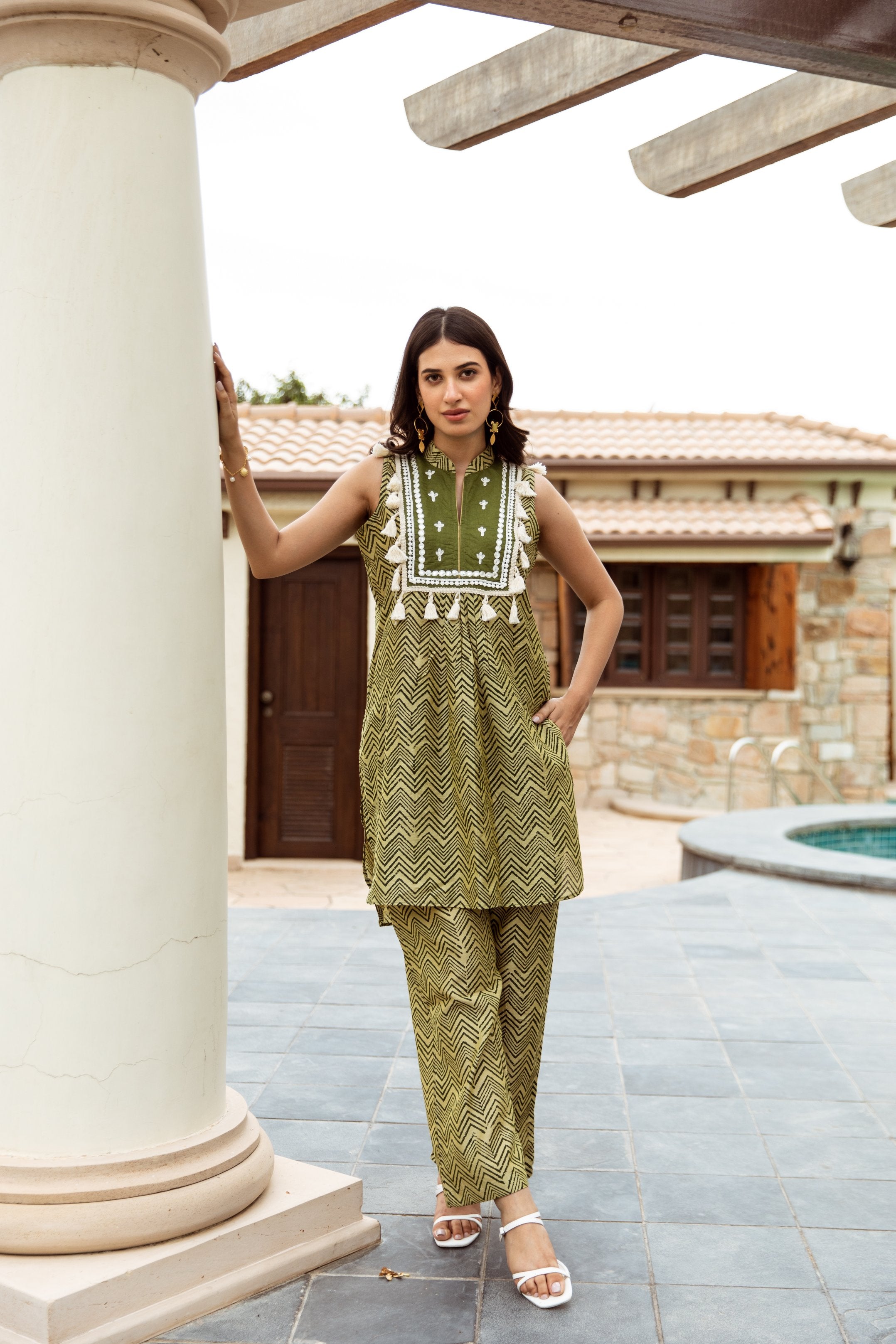 Green Zigzag Handblock Print Chanderi Coord Set Asrumo