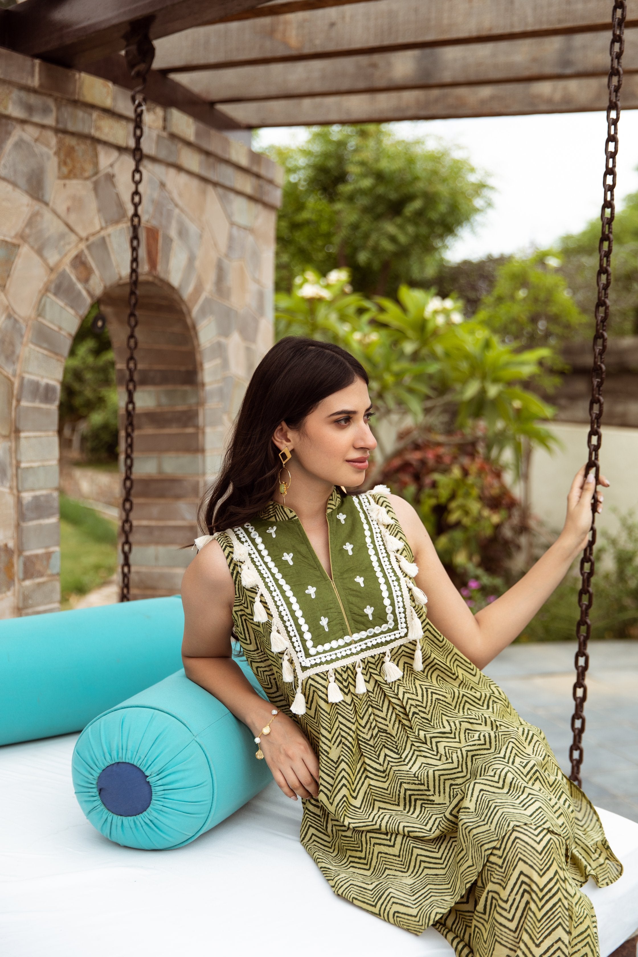 Green Zigzag Handblock Print Chanderi Coord Set Asrumo