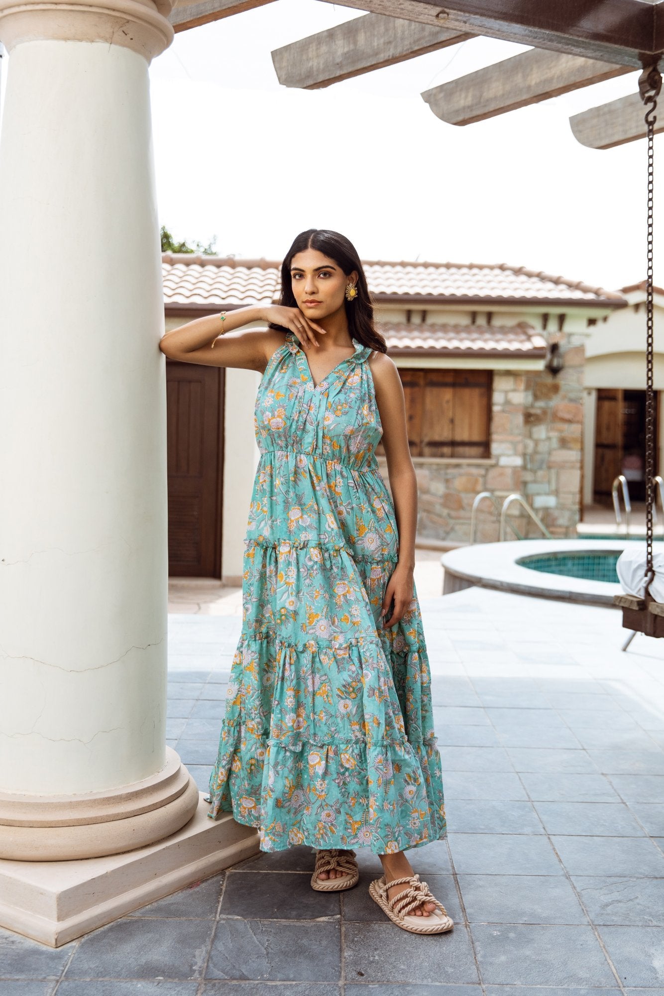 mint flower jaal handblock dress Asrumo