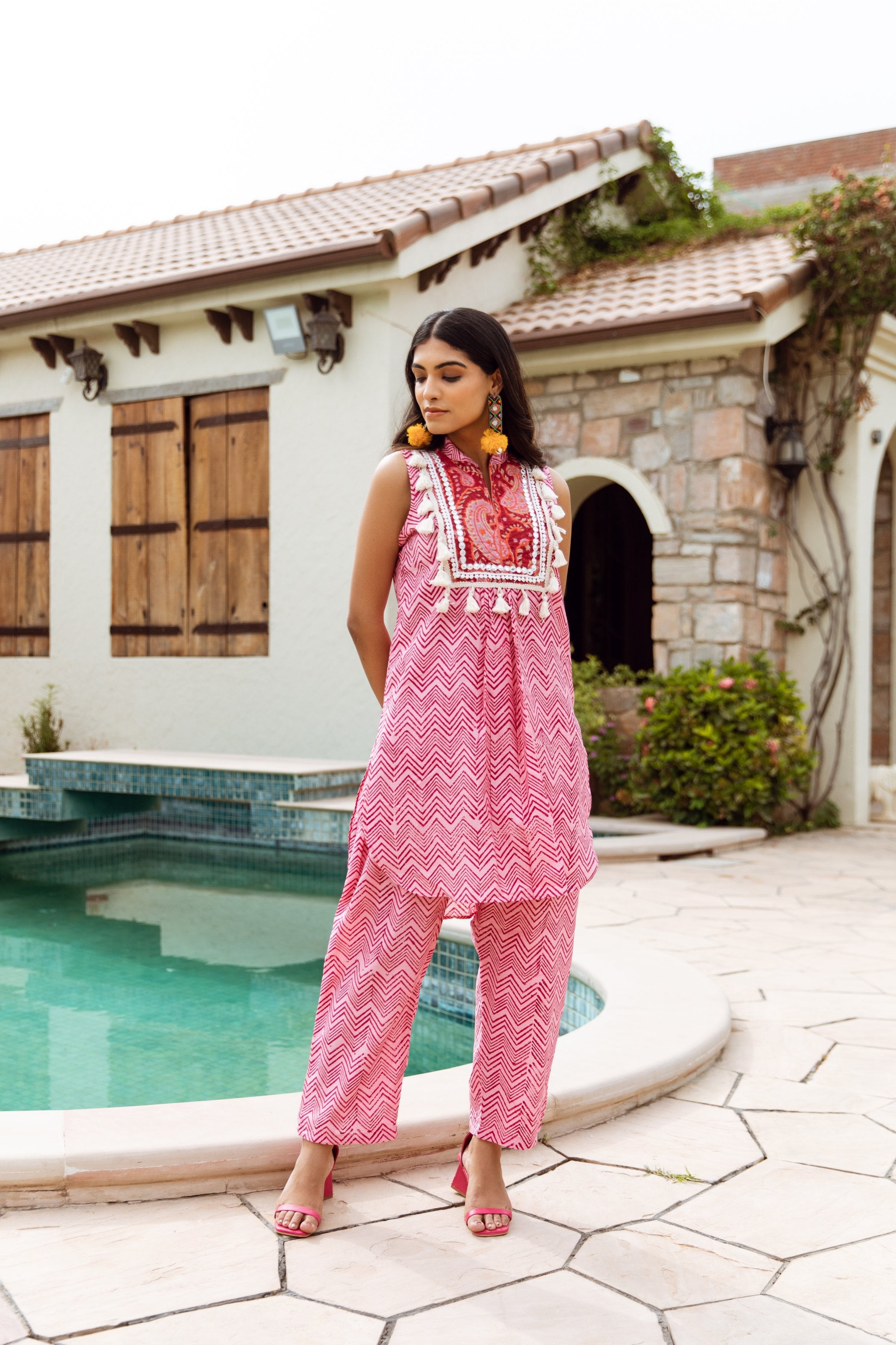 Pink Zigzag Handblock Print Chanderi Coord Set Asrumo