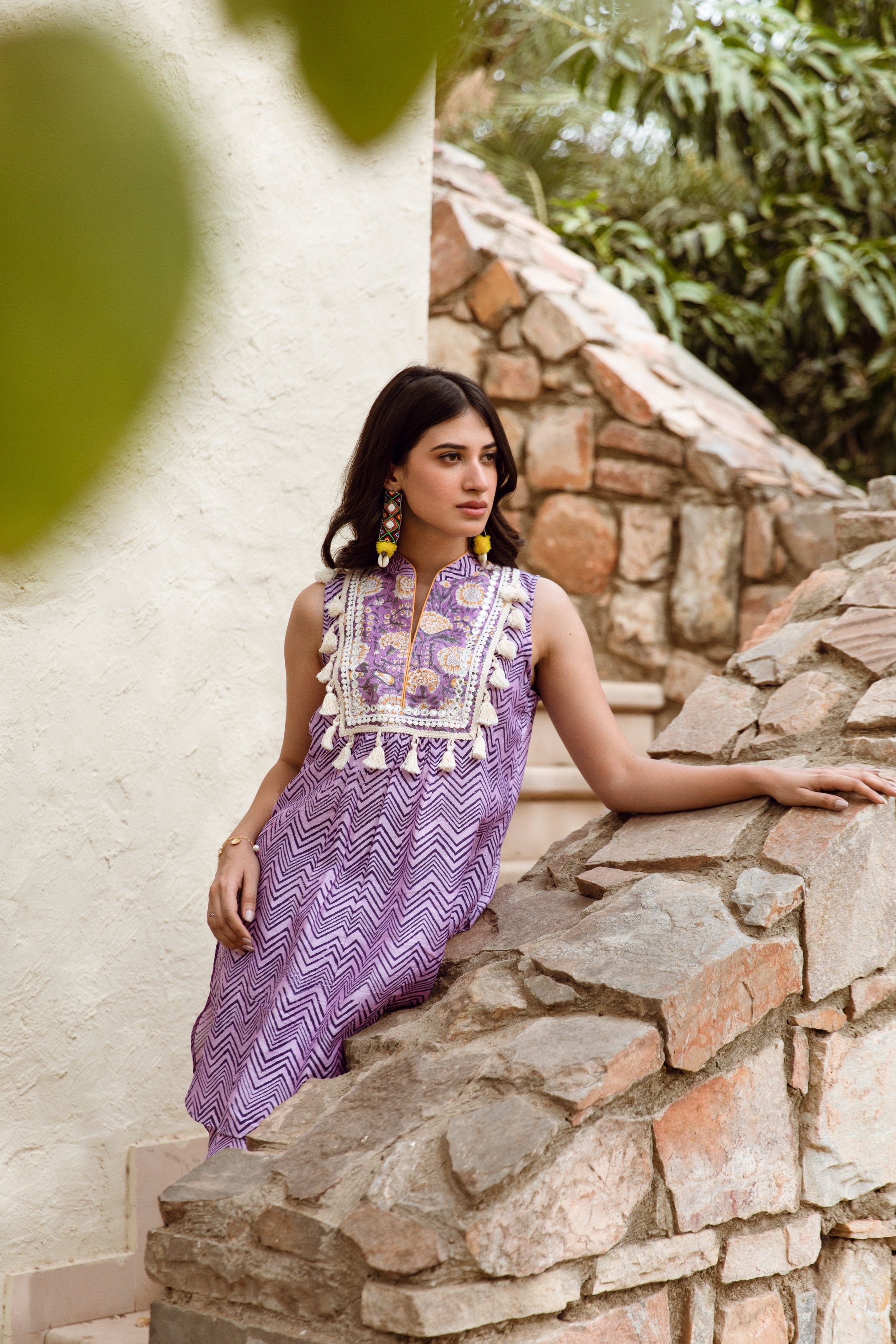 Purple Zigzag Handblock Print Chanderi Coord Set Asrumo