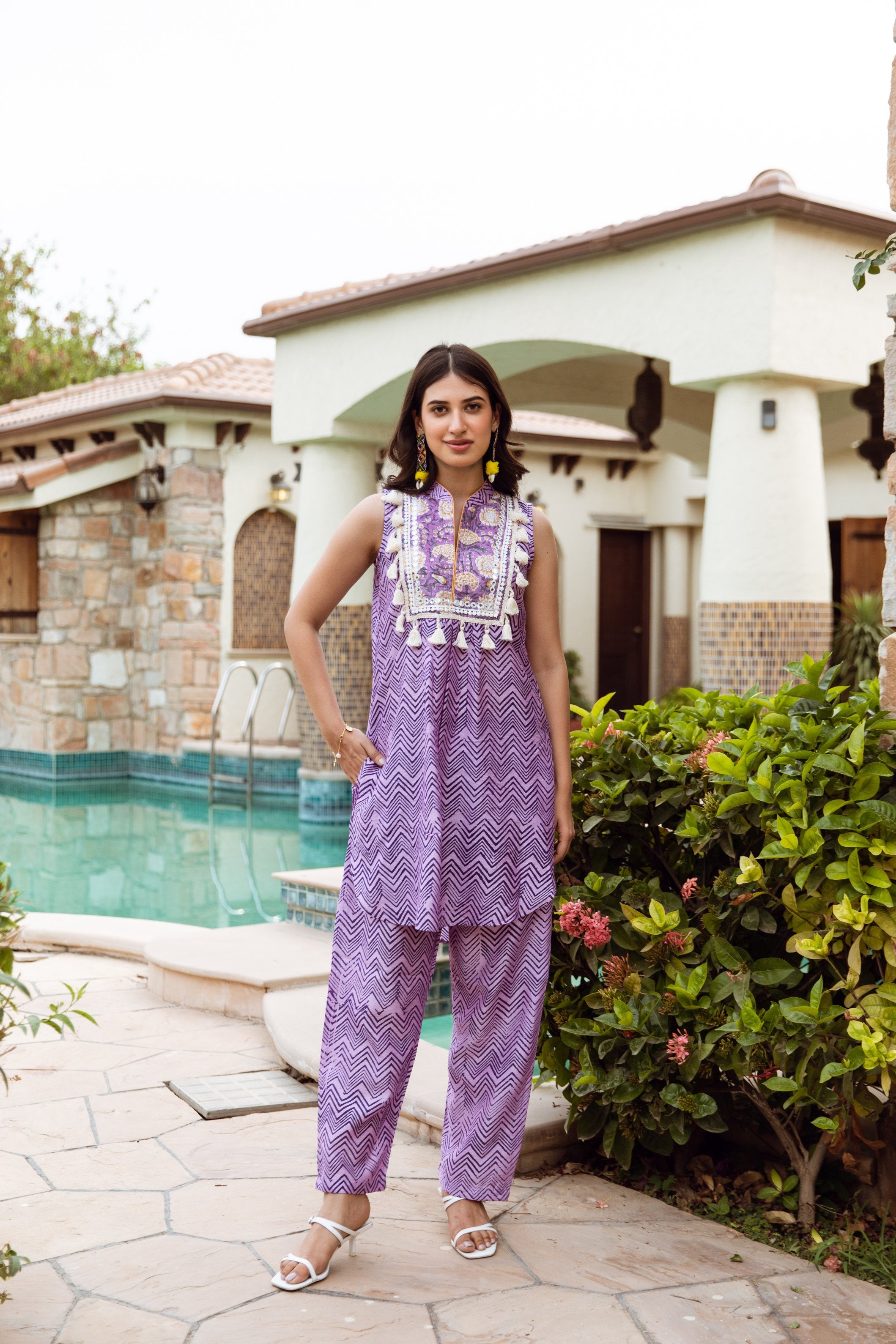 Purple Zigzag Handblock Print Chanderi Coord Set Asrumo