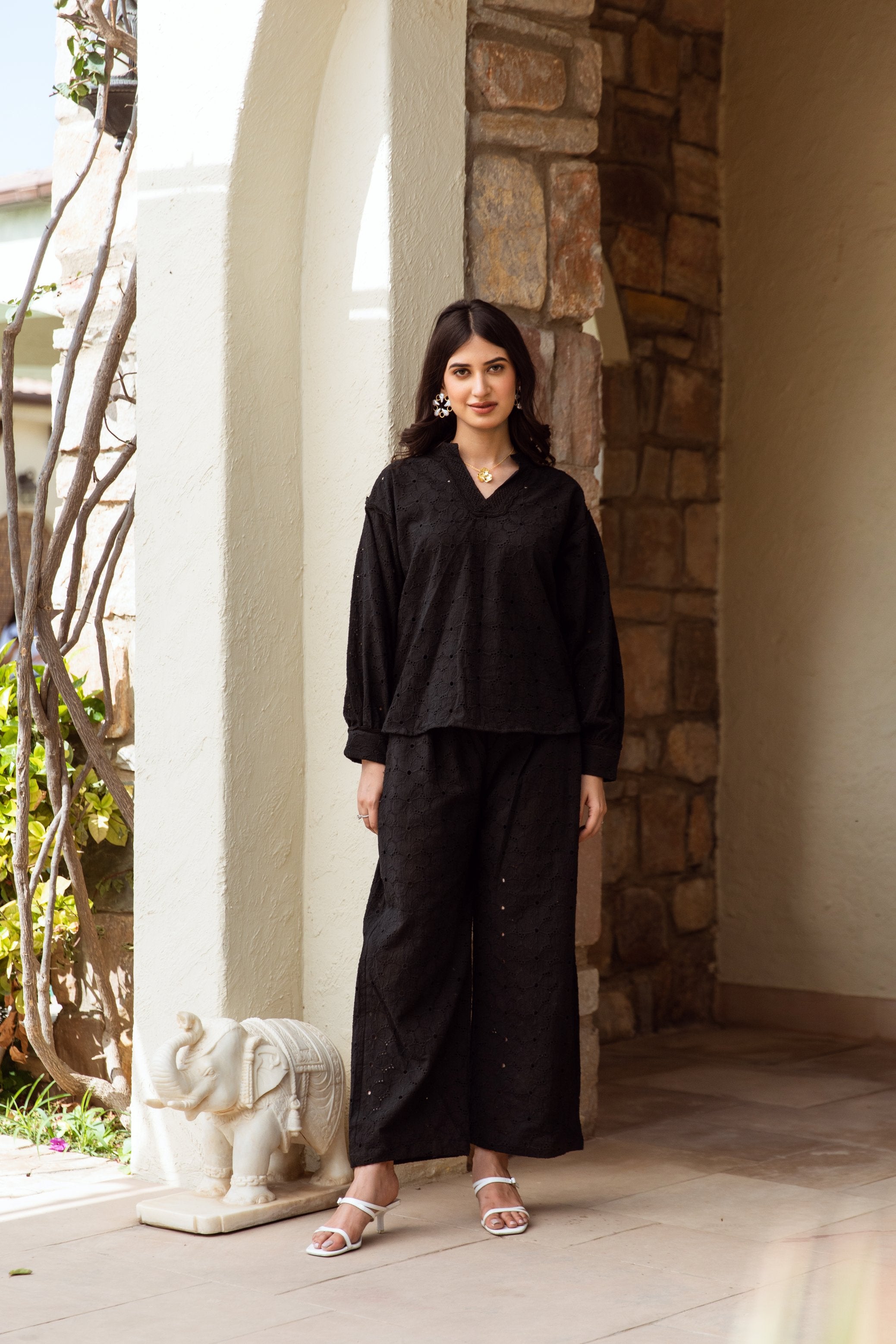 black cotton schiffly co-ord set Asrumo