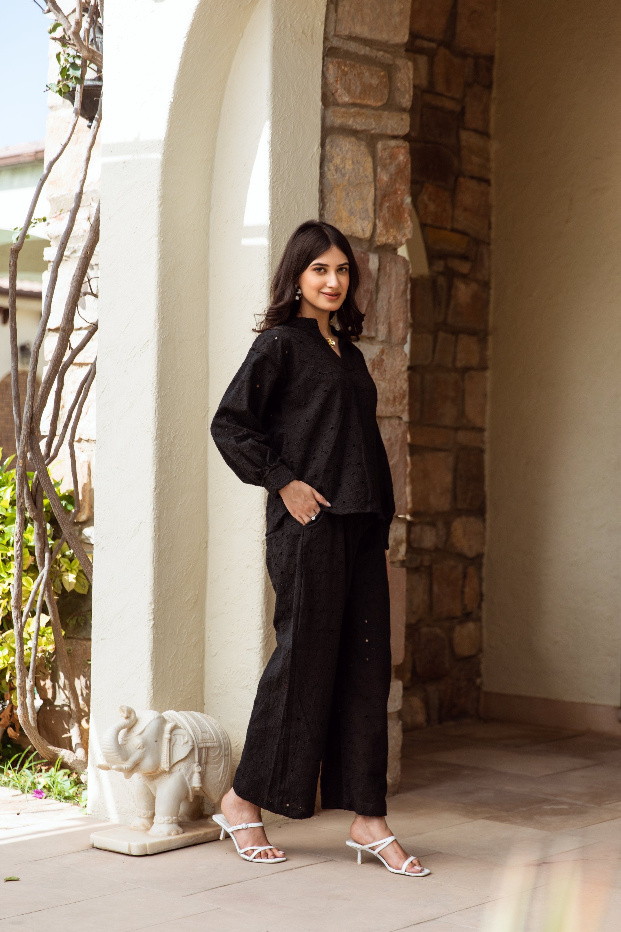 black cotton schiffly co-ord set Asrumo