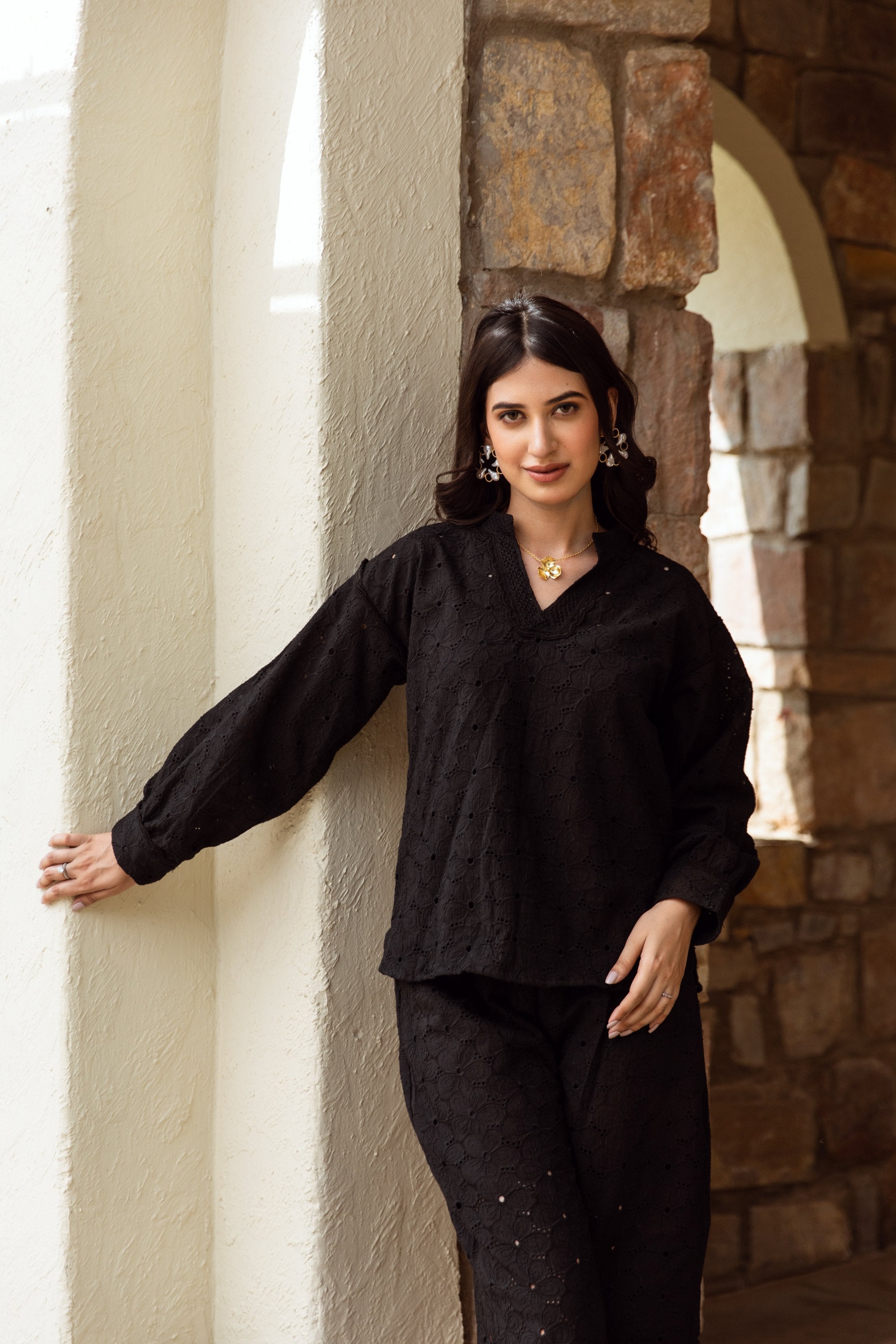 black cotton schiffly co-ord set Asrumo