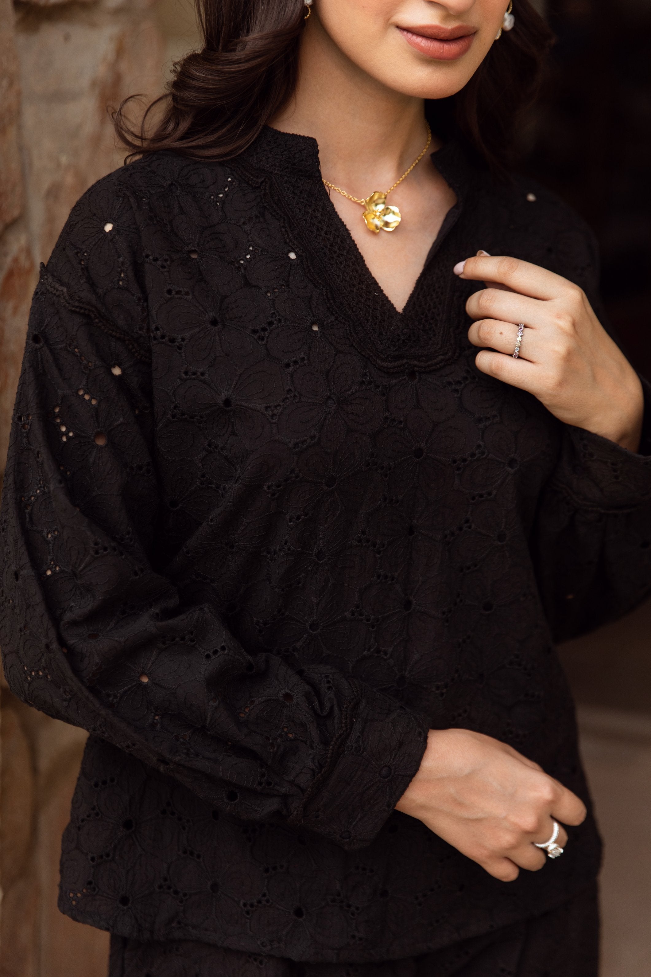 black cotton schiffly co-ord set Asrumo