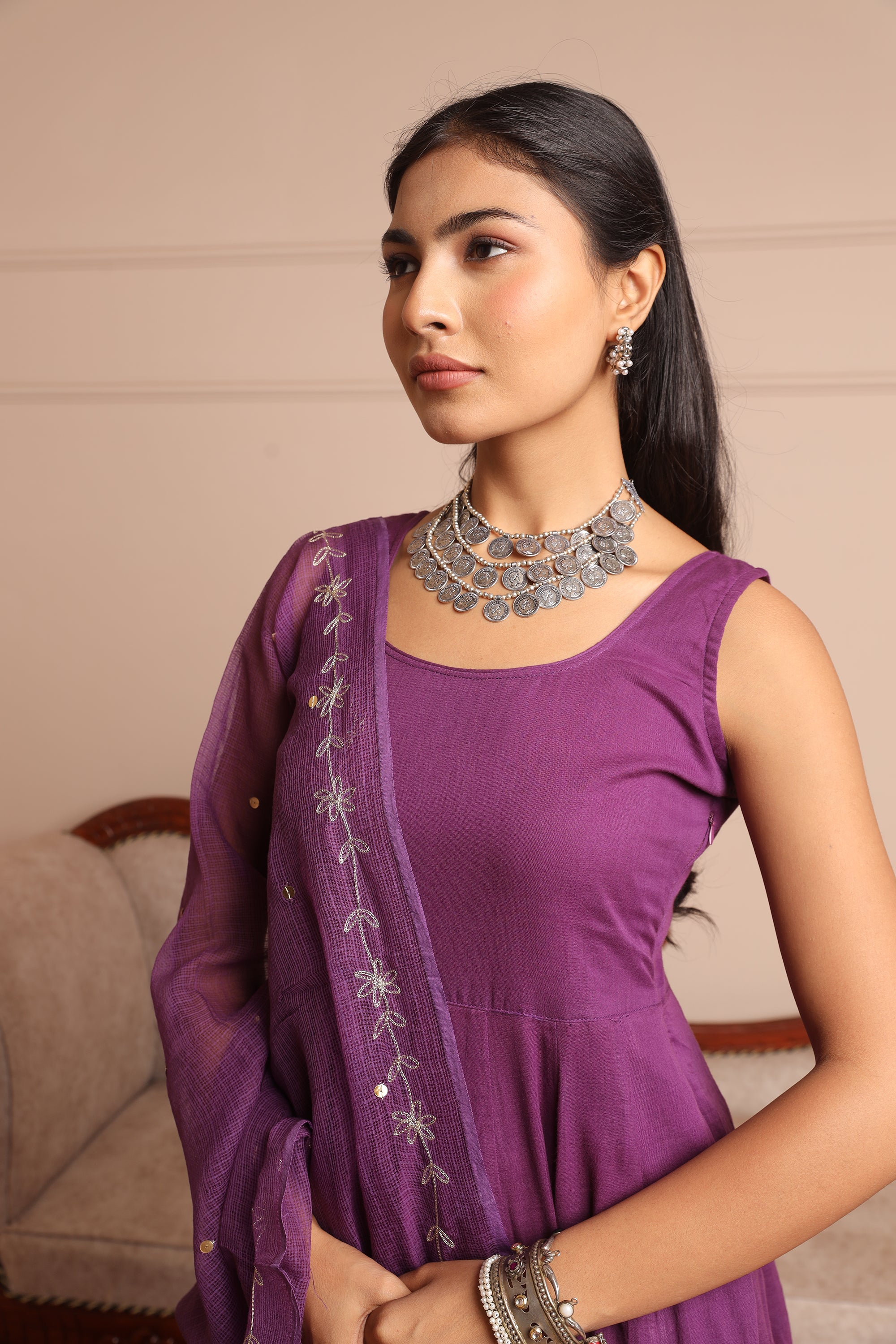 Voilet Mulmul Anarkali Set - Asrumo