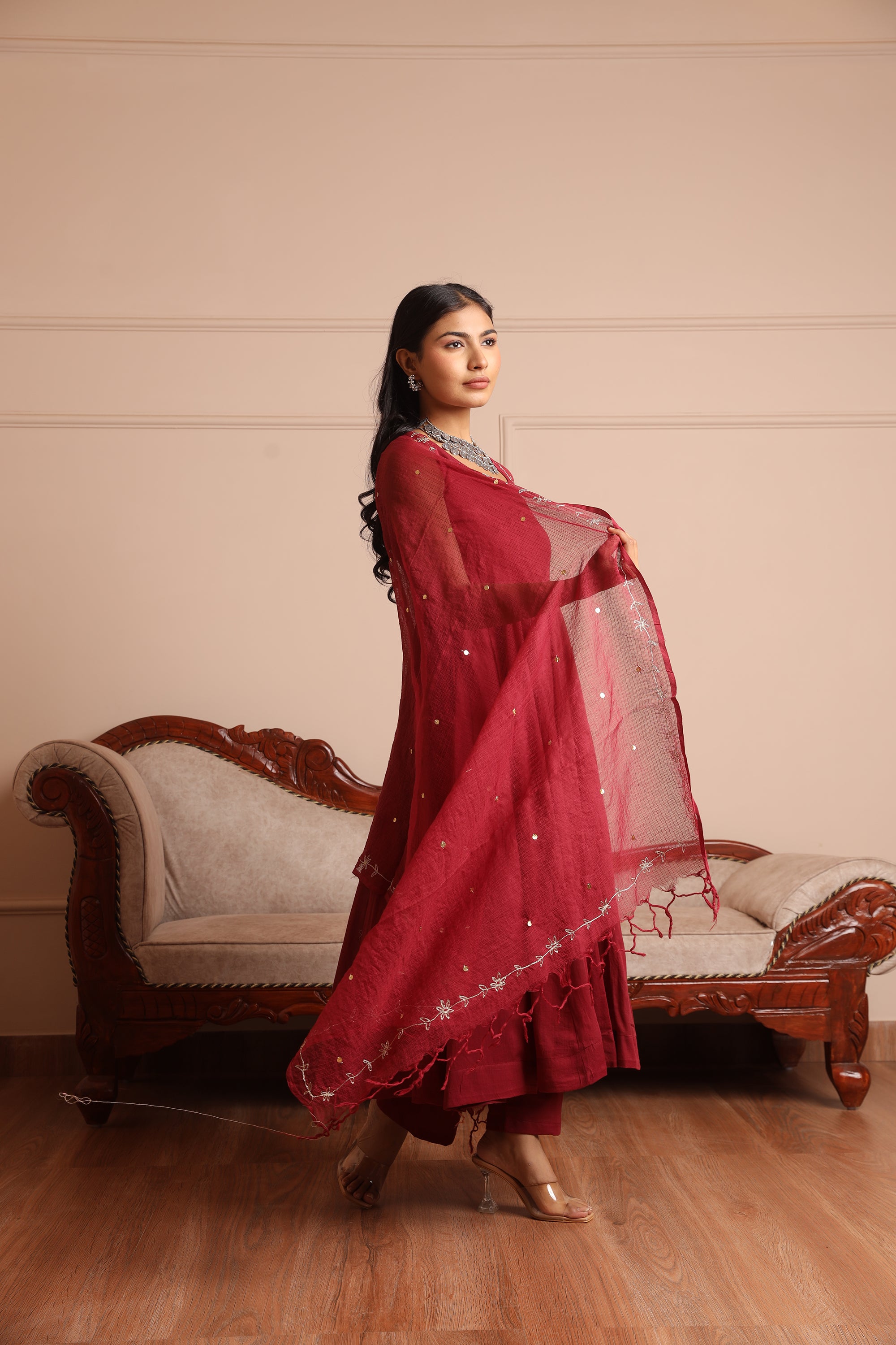 Maroon Mulmul Anarkali Set - Asrumo