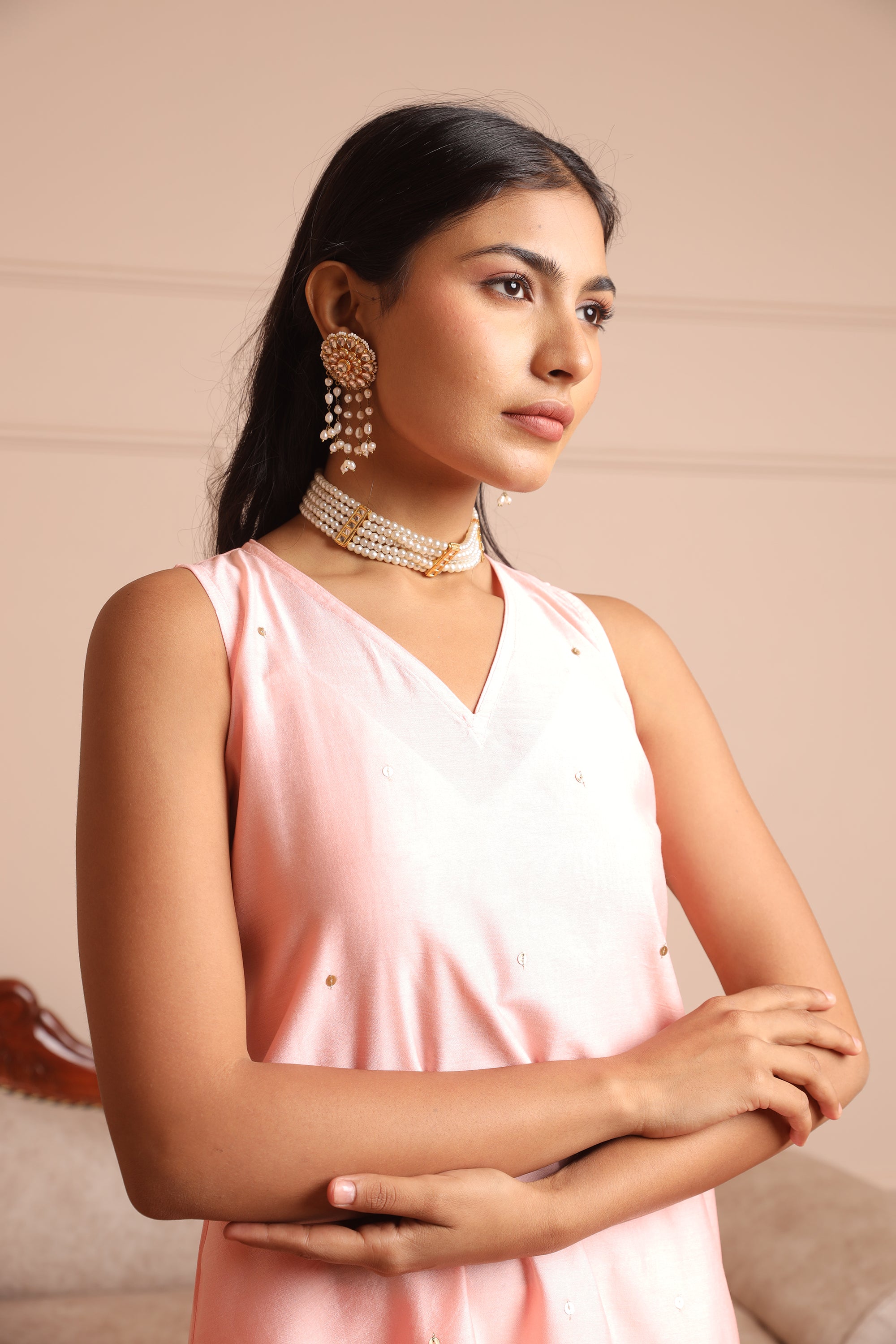 Light Pink Chanderi Embroidered Straight Set - Asrumo