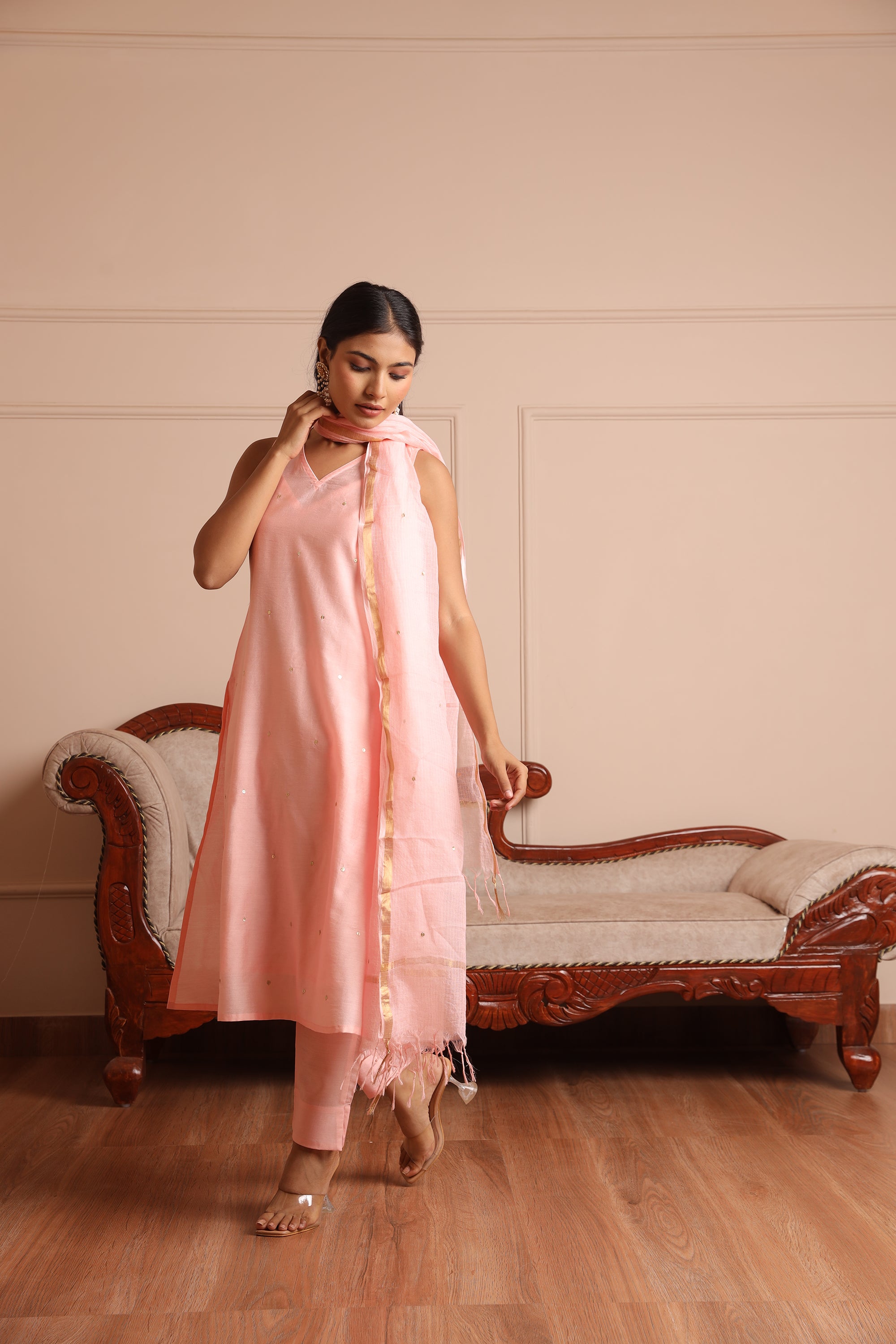 Light Pink Chanderi Embroidered Straight Set - Asrumo