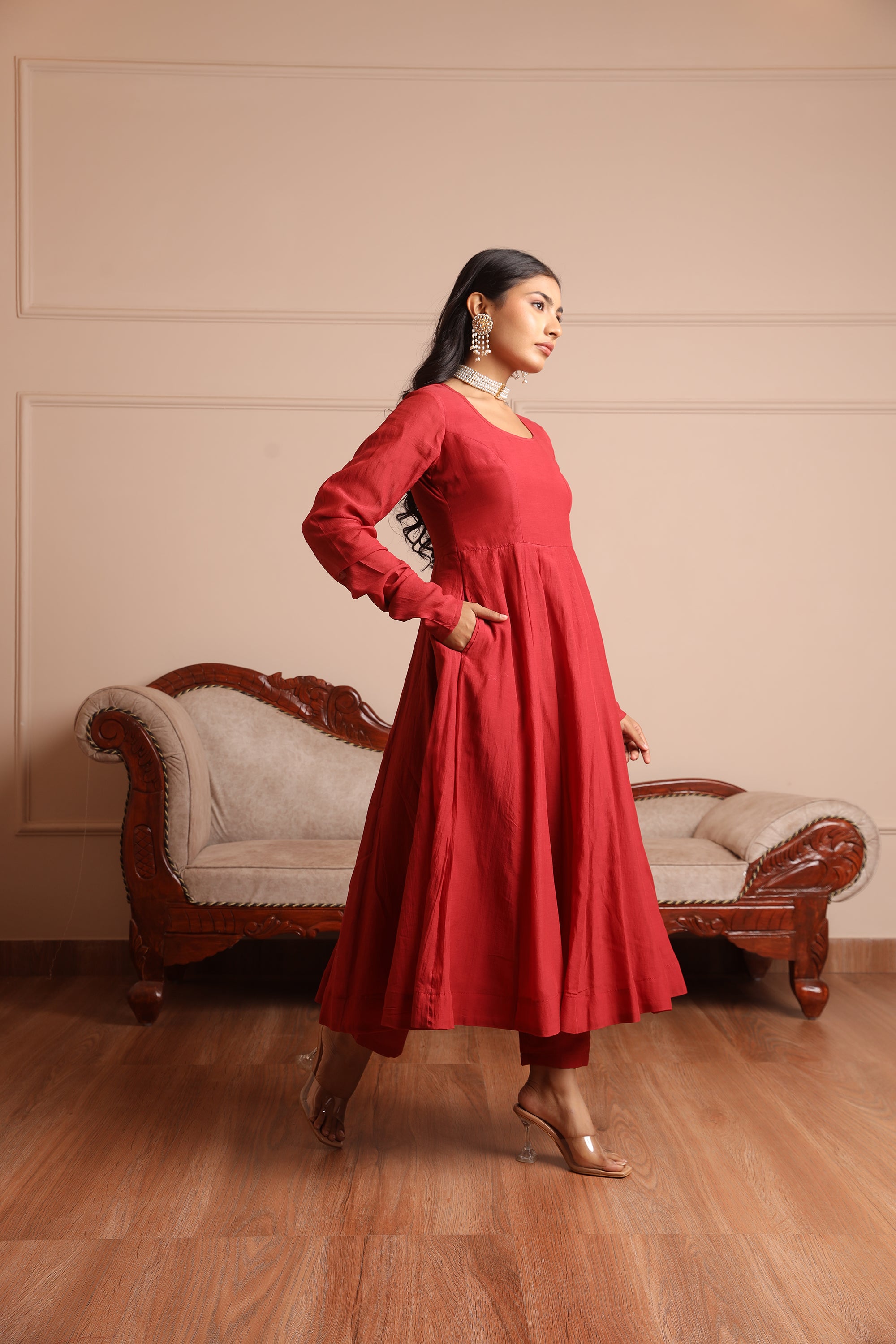 Maroon chanderi anarkali suit - Asrumo