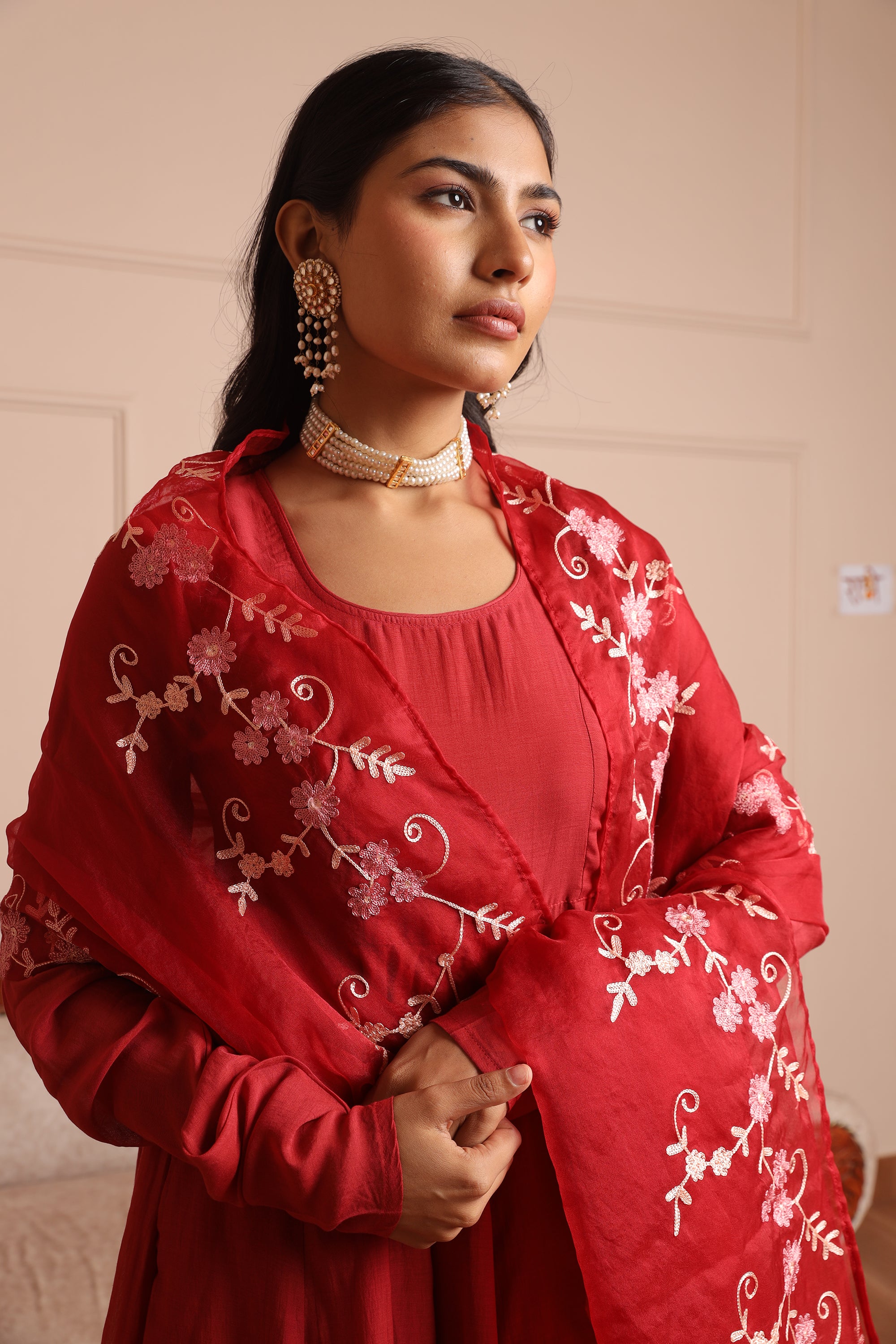 Maroon chanderi anarkali suit - Asrumo
