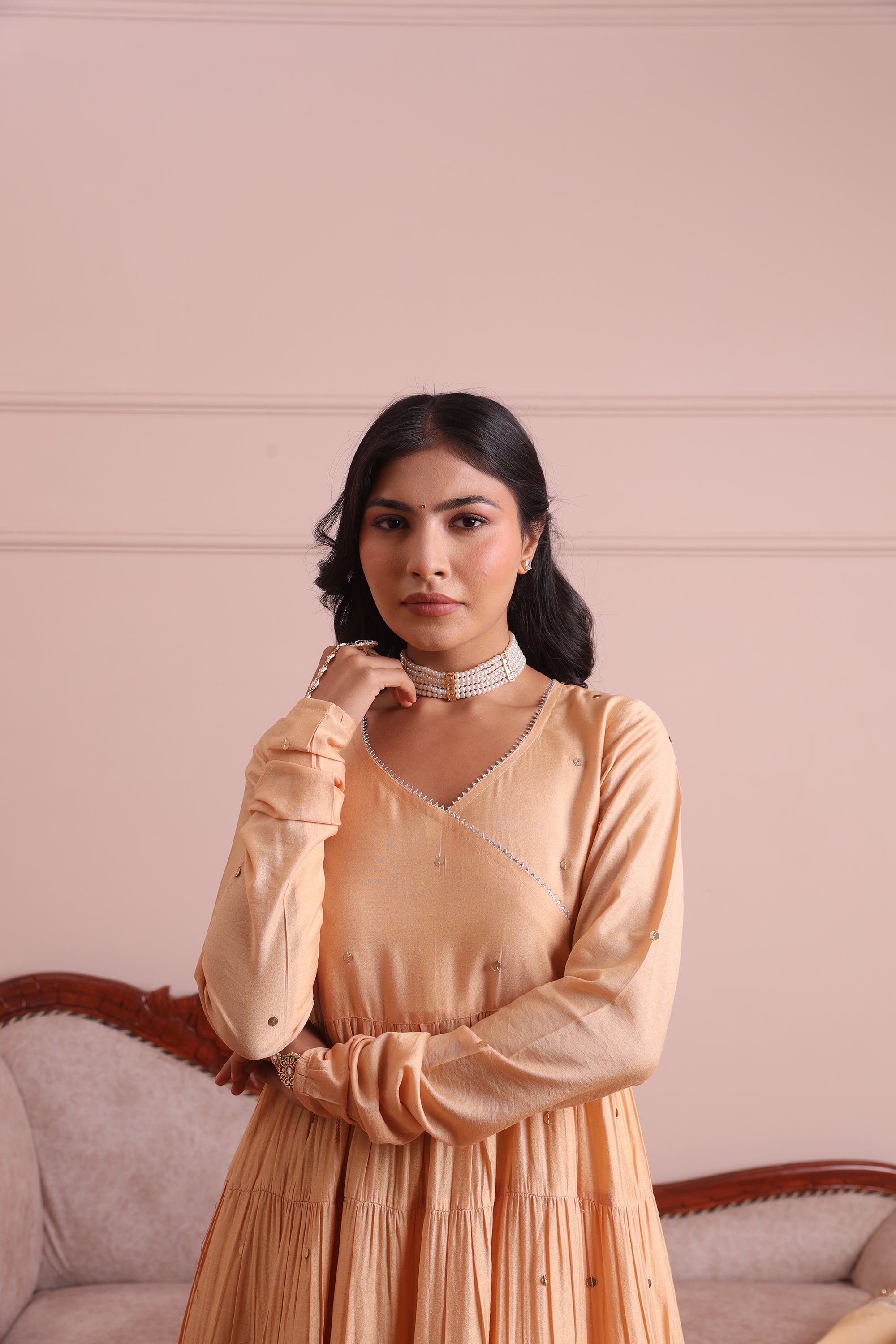 Golden Chanderi Embroidered Anarkali Set - Asrumo