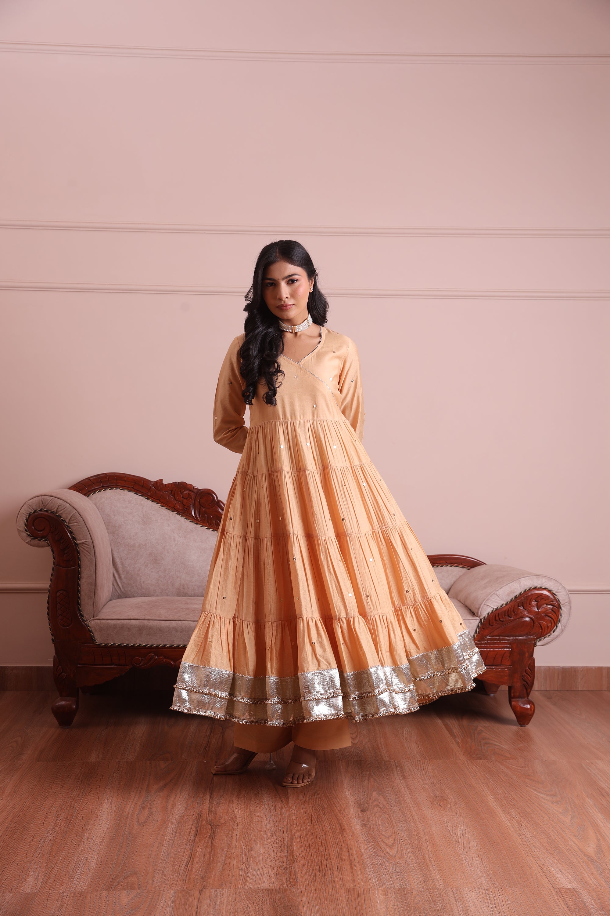 Golden Chanderi Embroidered Anarkali Set - Asrumo