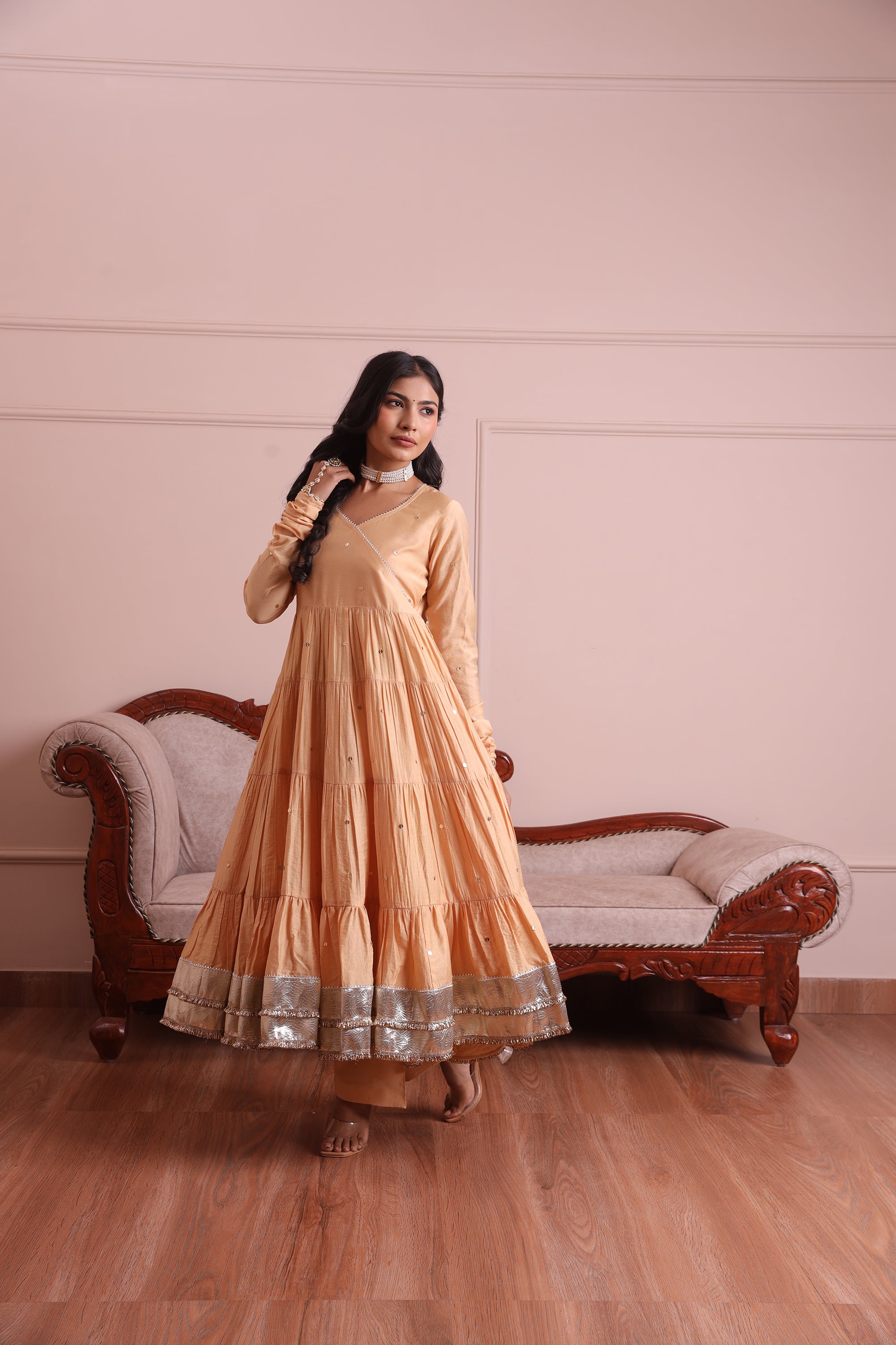 Golden Chanderi Embroidered Anarkali Set - Asrumo