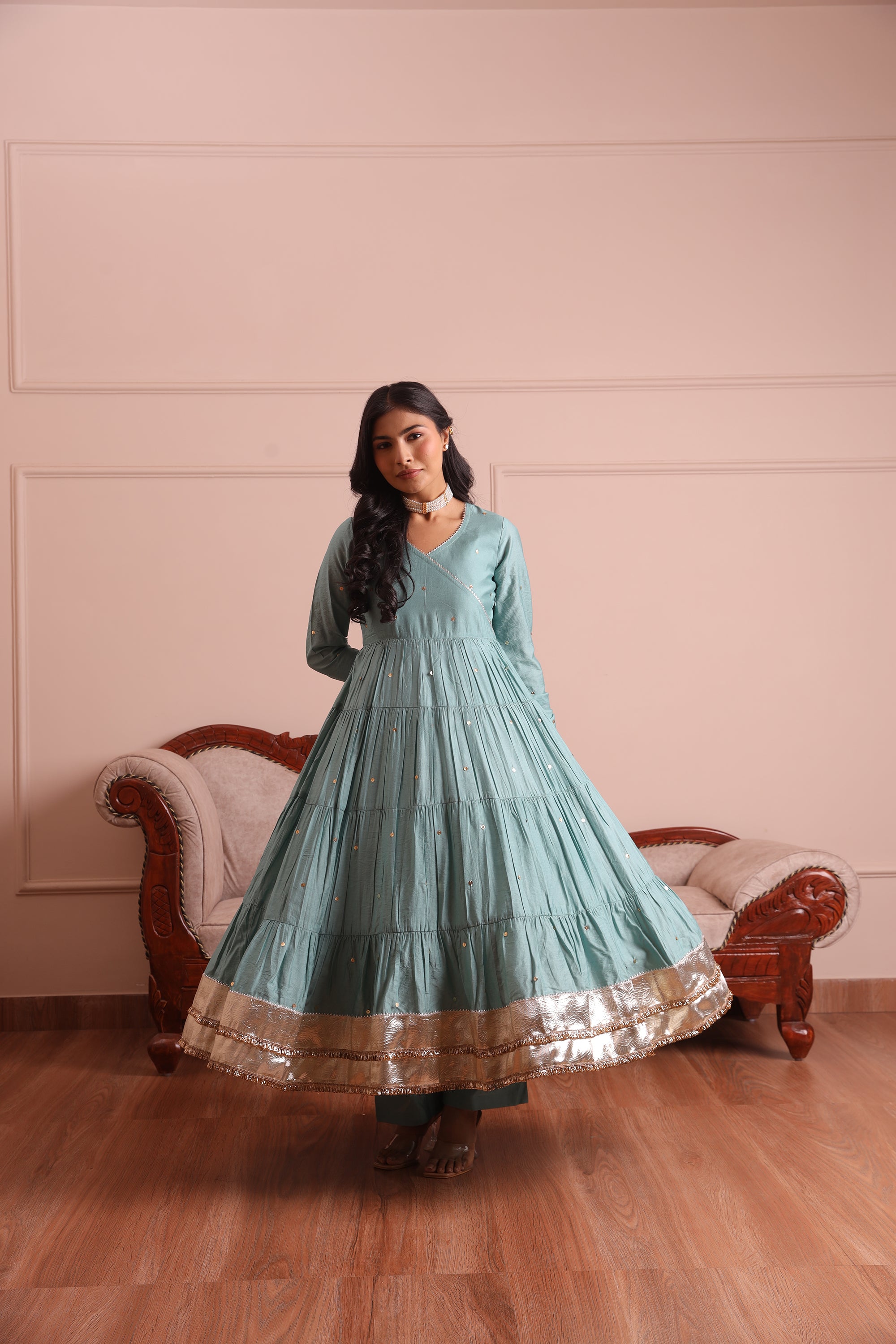 Mint Green Embroidered Chanderi Anarkali Set - Asrumo