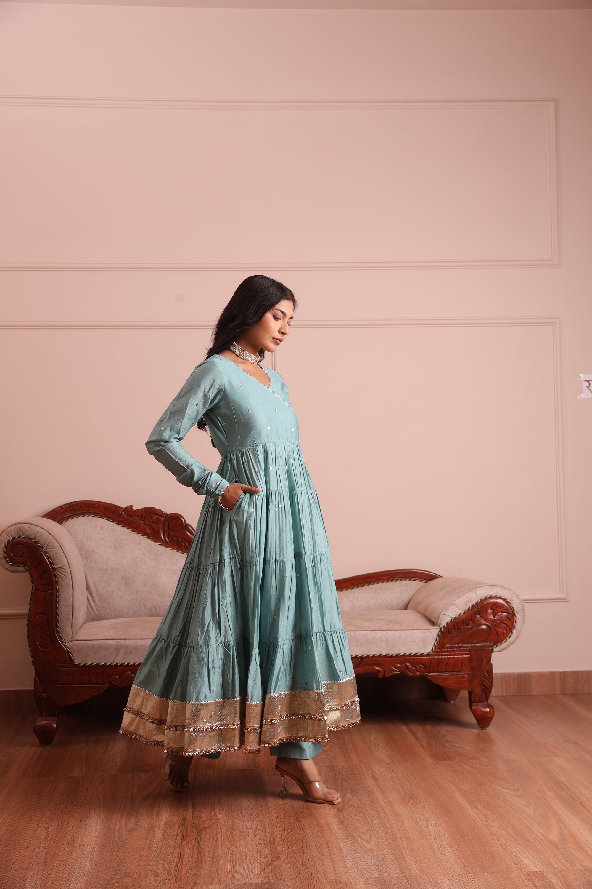 Mint Green Embroidered Chanderi Anarkali Set - Asrumo