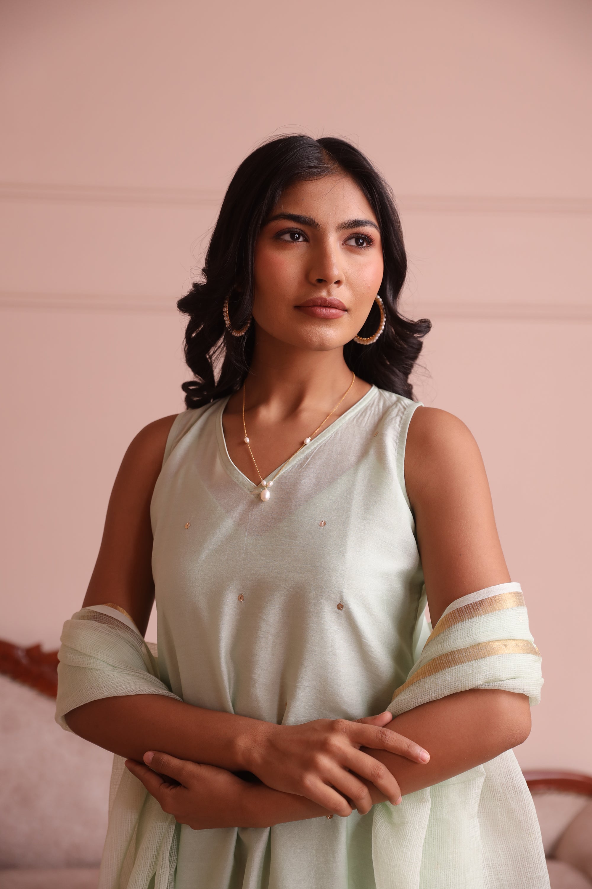 Pista Chanderi Embroidered Straight Set - Asrumo