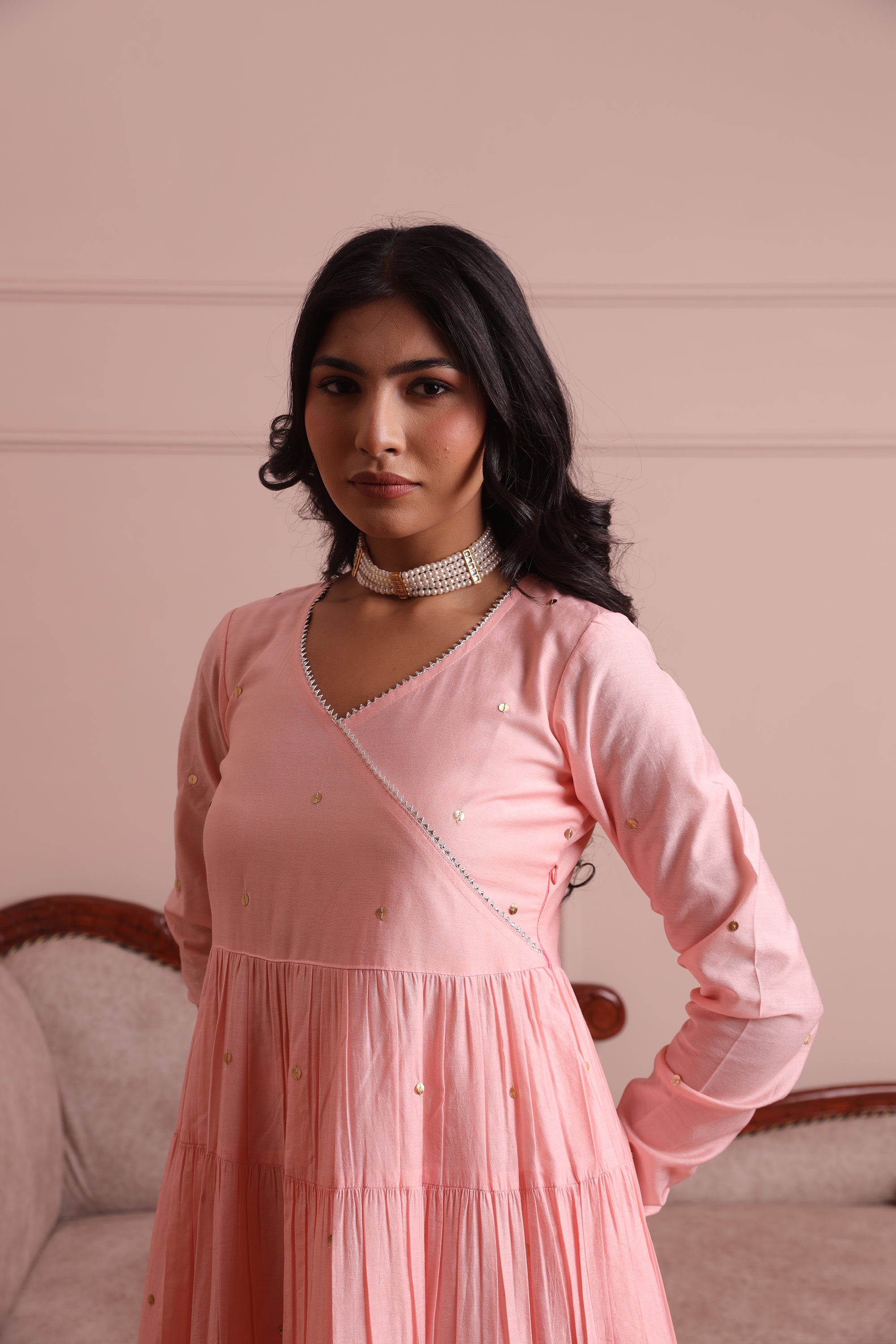 Light Pink Embroidered Chanderi Anarkali Set - Asrumo