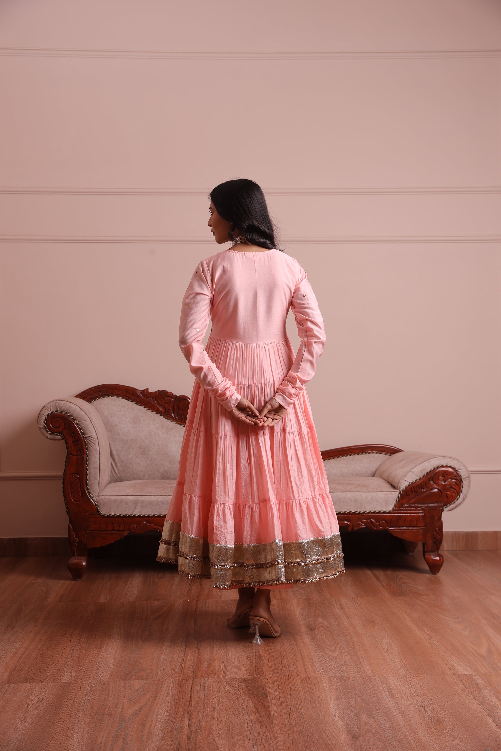 Light Pink Embroidered Chanderi Anarkali Set - Asrumo