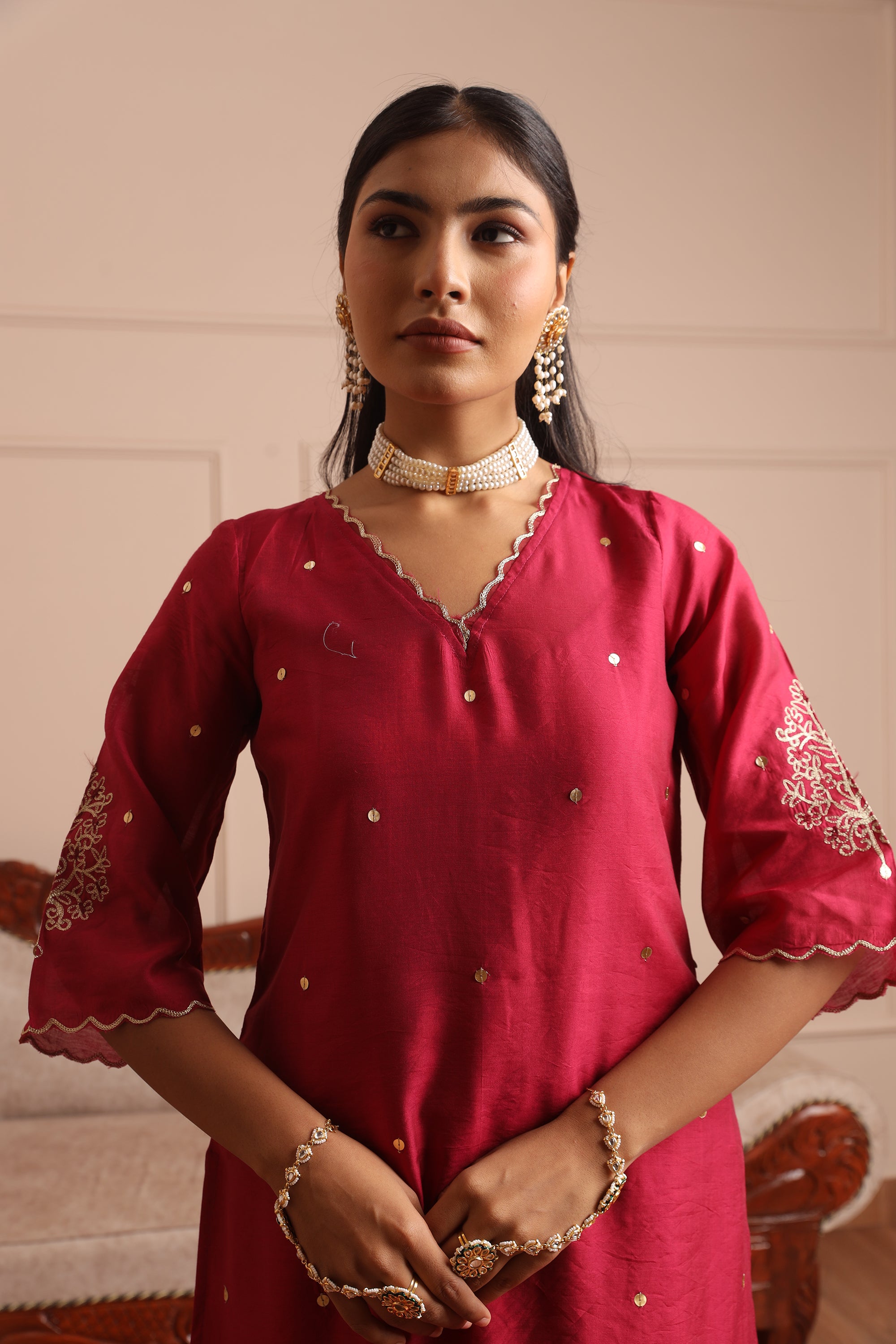 Magenta Embroidered Straight Set - Asrumo